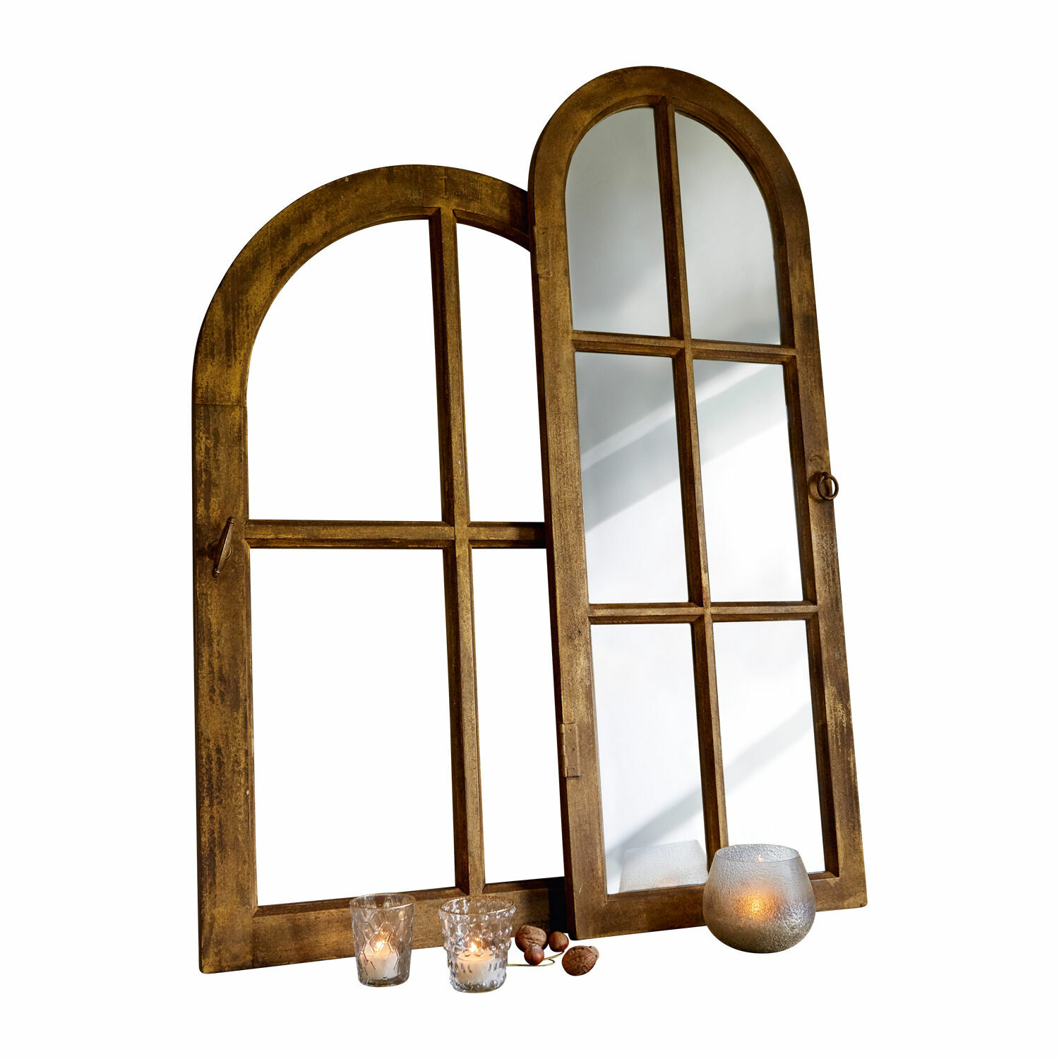 Spiegel und Deko-Fenster Crowley Dekorativer Fensterrahmen aus Holz mit Spiegel und Kerzen, rustikaler Stil, braune Farbe