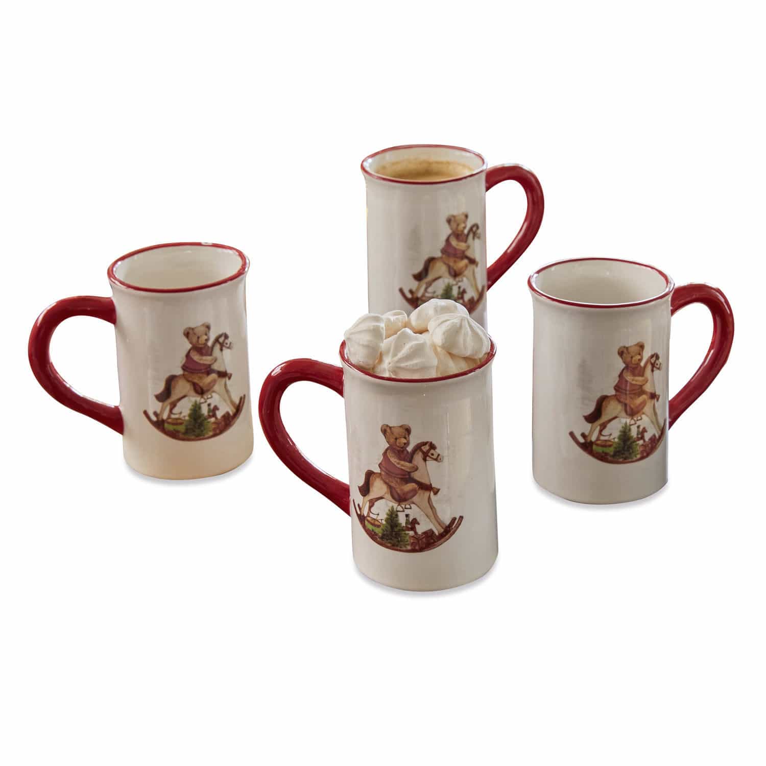 Tasse 4er Set Troms Vier Keramiktassen mit rotem Henkel und Motiv eines Bären auf Schaukelpferd, Set