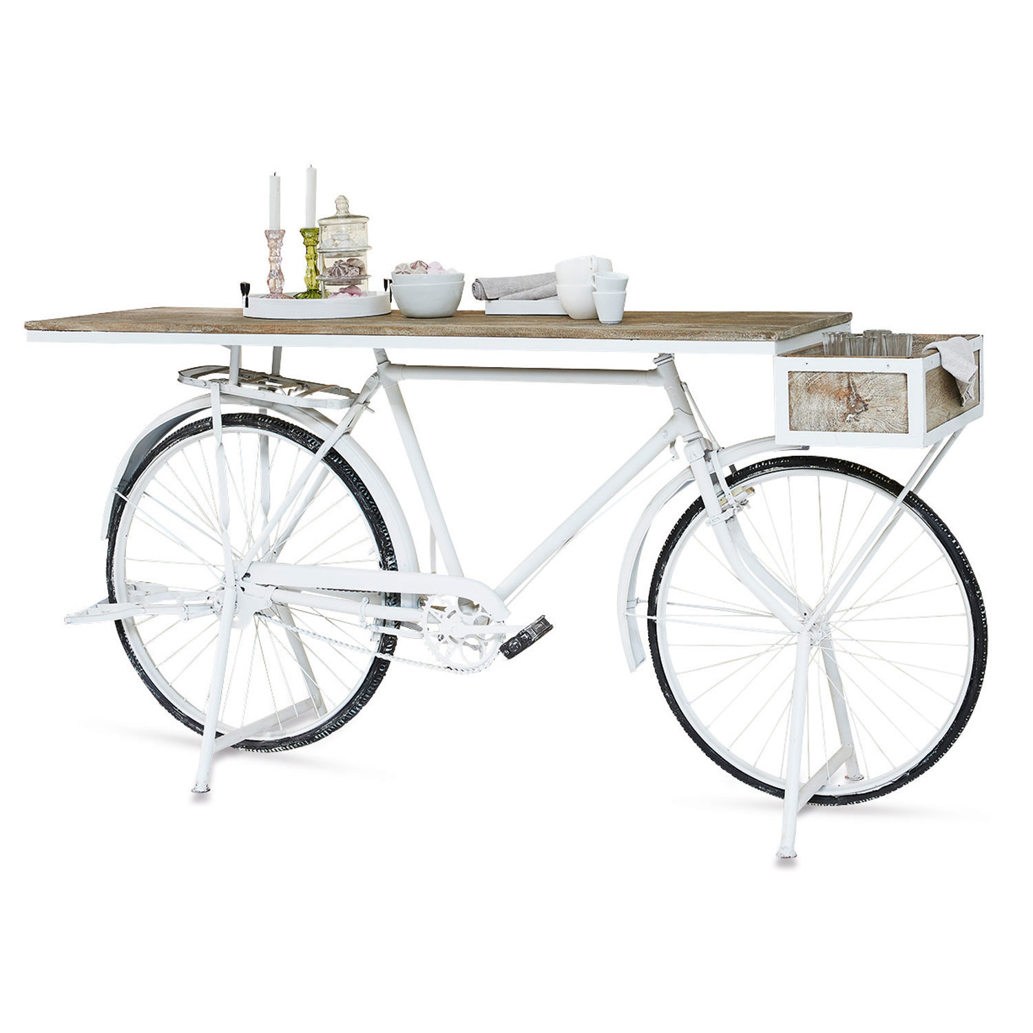 Weißer Metall-Fahrrad-Tisch mit Holzplatte und Dekorationen für modernes Wohnzimmer