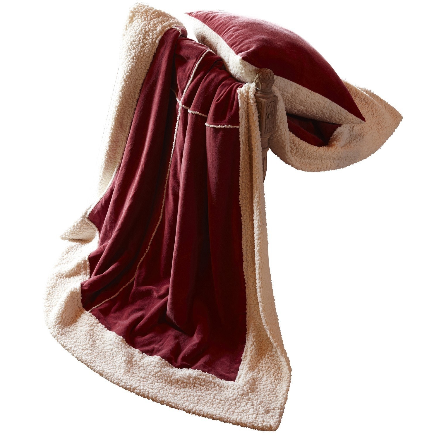 Roter Kuscheldecke mit cremefarbenem Plüschrand, ideal für gemütliche Wohnräume