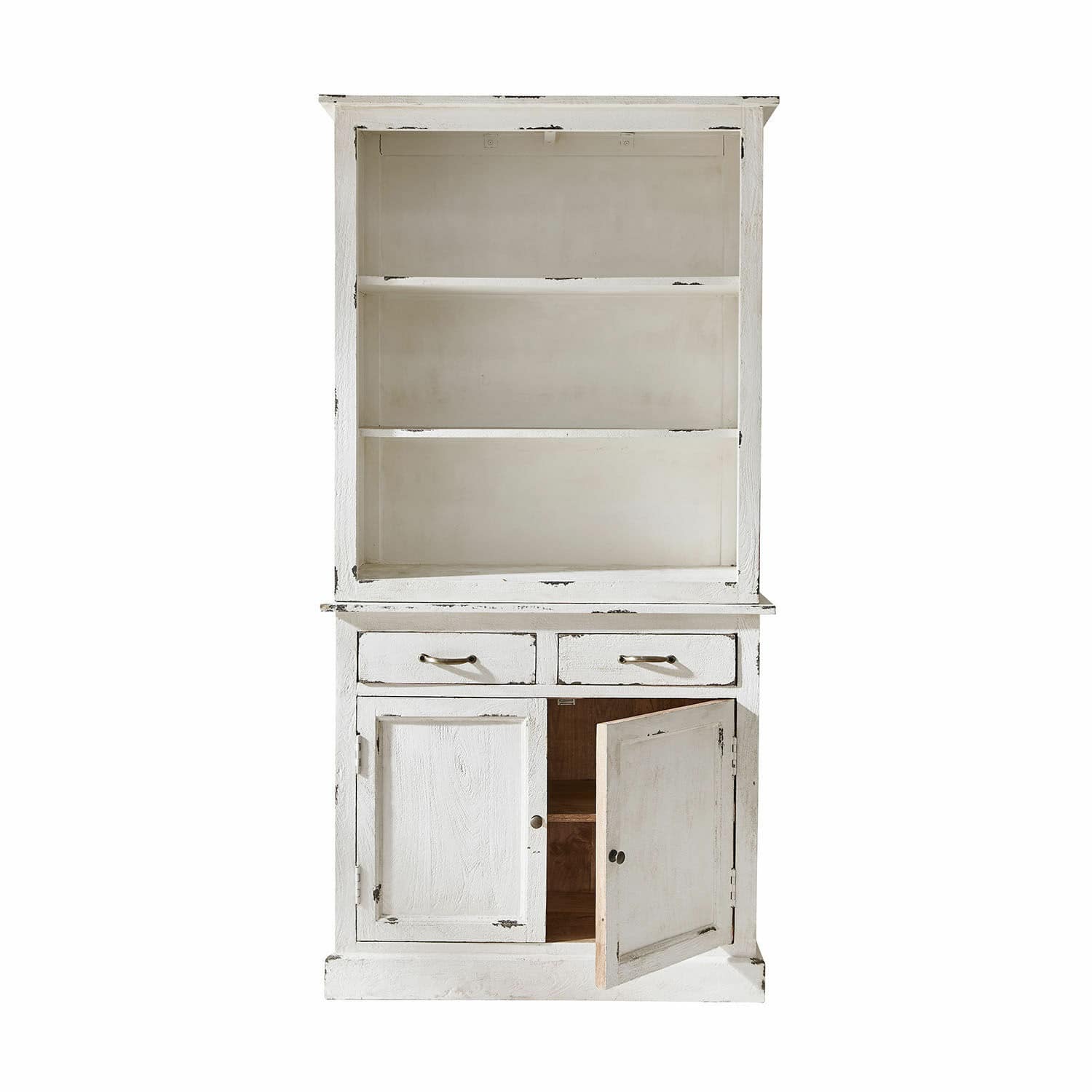 Weißer Holzschrank mit Regalen und Schubladen im Vintage-Stil zur Aufbewahrung