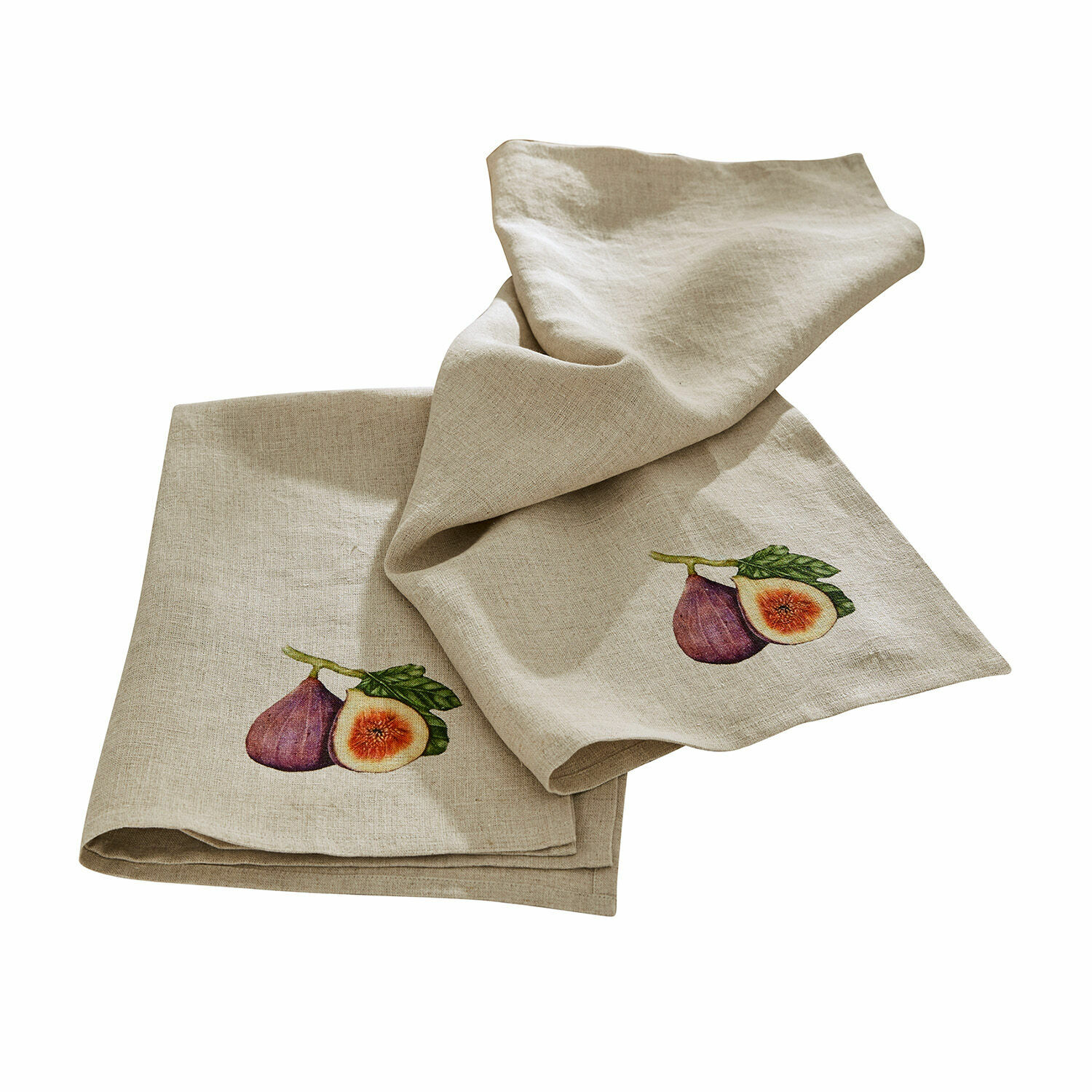 Beige Leinen-Geschirrtücher mit Feigenmotiv, praktische Küchenaccessoires aus Naturmaterial