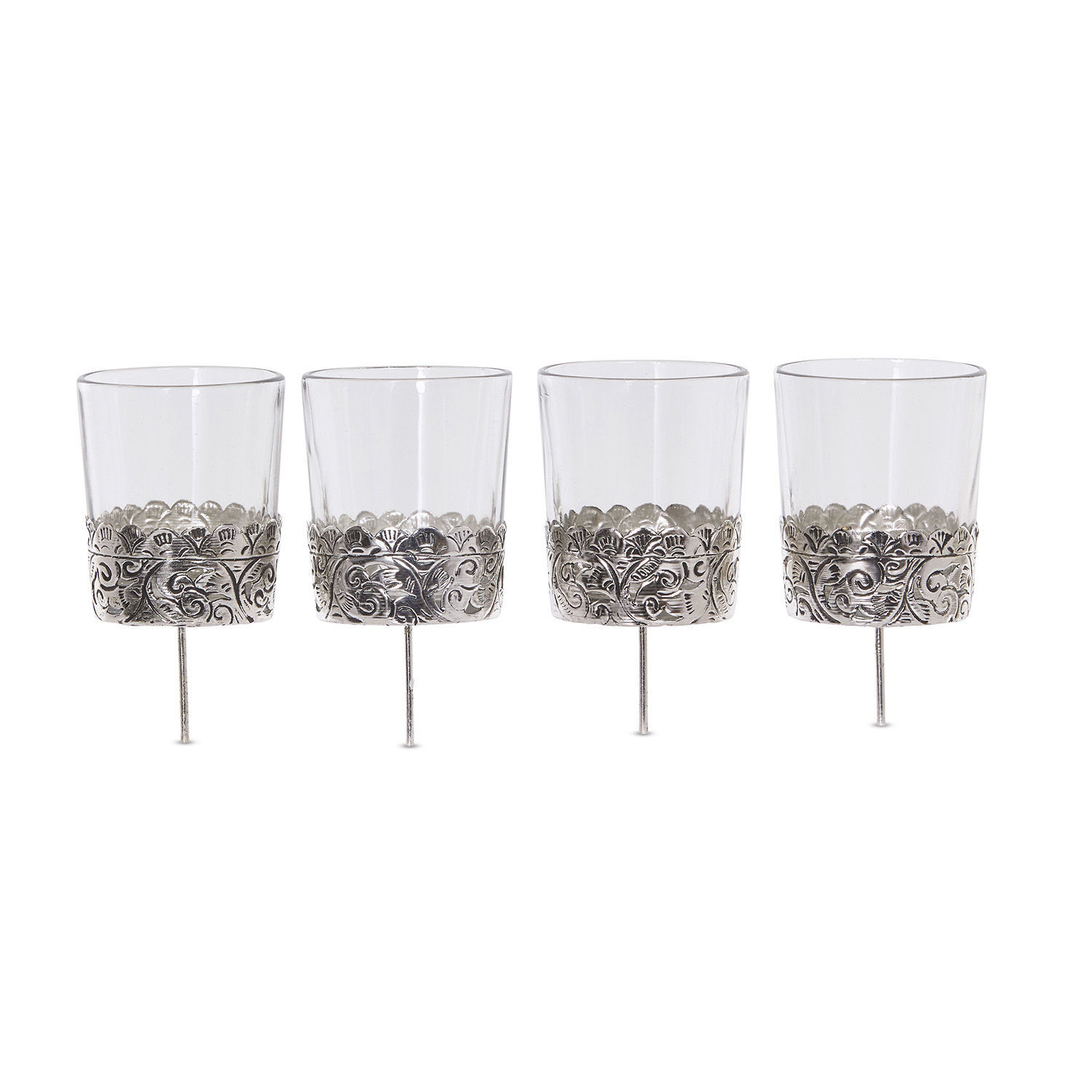 Windlicht 4er Set Pinelle Vier Gläser mit dekorativem silbernem Muster am unteren Rand, elegante Glasgefäße