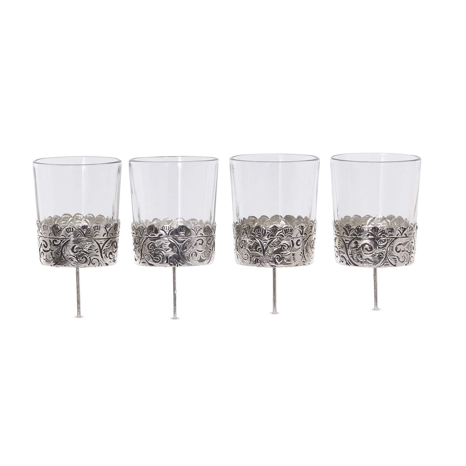 Windlicht 4er Set Pinelle Vier Gläser mit dekorativem silbernem Muster am unteren Rand, elegante Glasgefäße