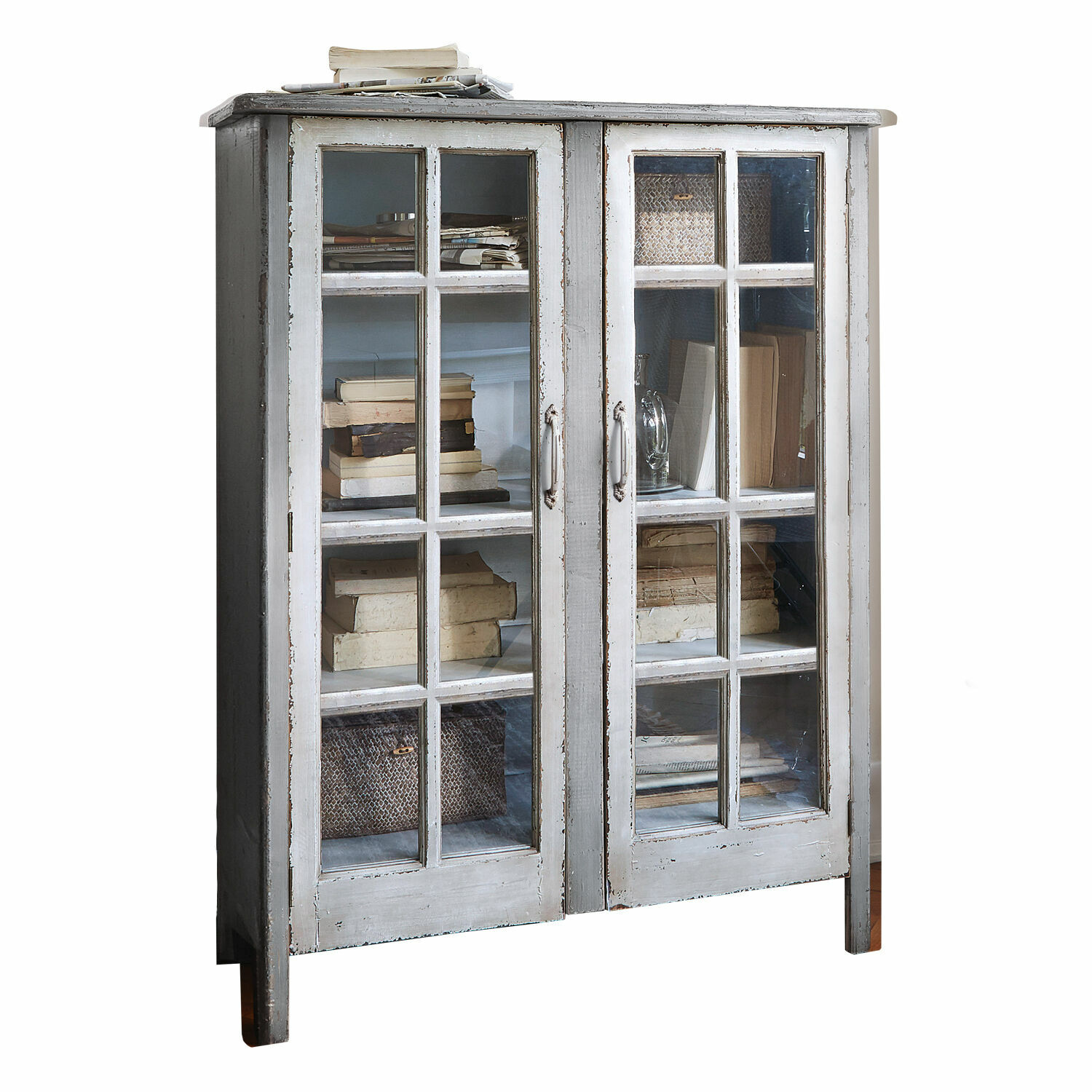 Kommode Sherman Grauer Holzvitrinenschrank mit Glastüren und antikem Finish zur Aufbewahrung von Büchern und Dekor