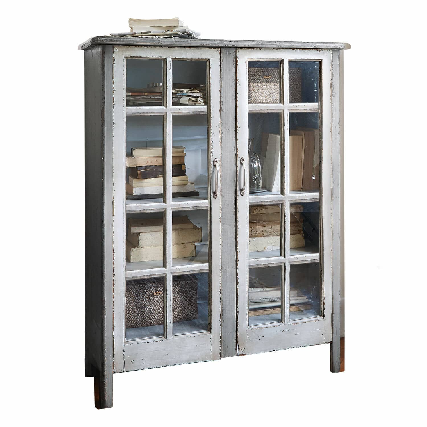 Kommode Sherman Grauer Holzvitrinenschrank mit Glastüren und antikem Finish zur Aufbewahrung von Büchern und Dekor