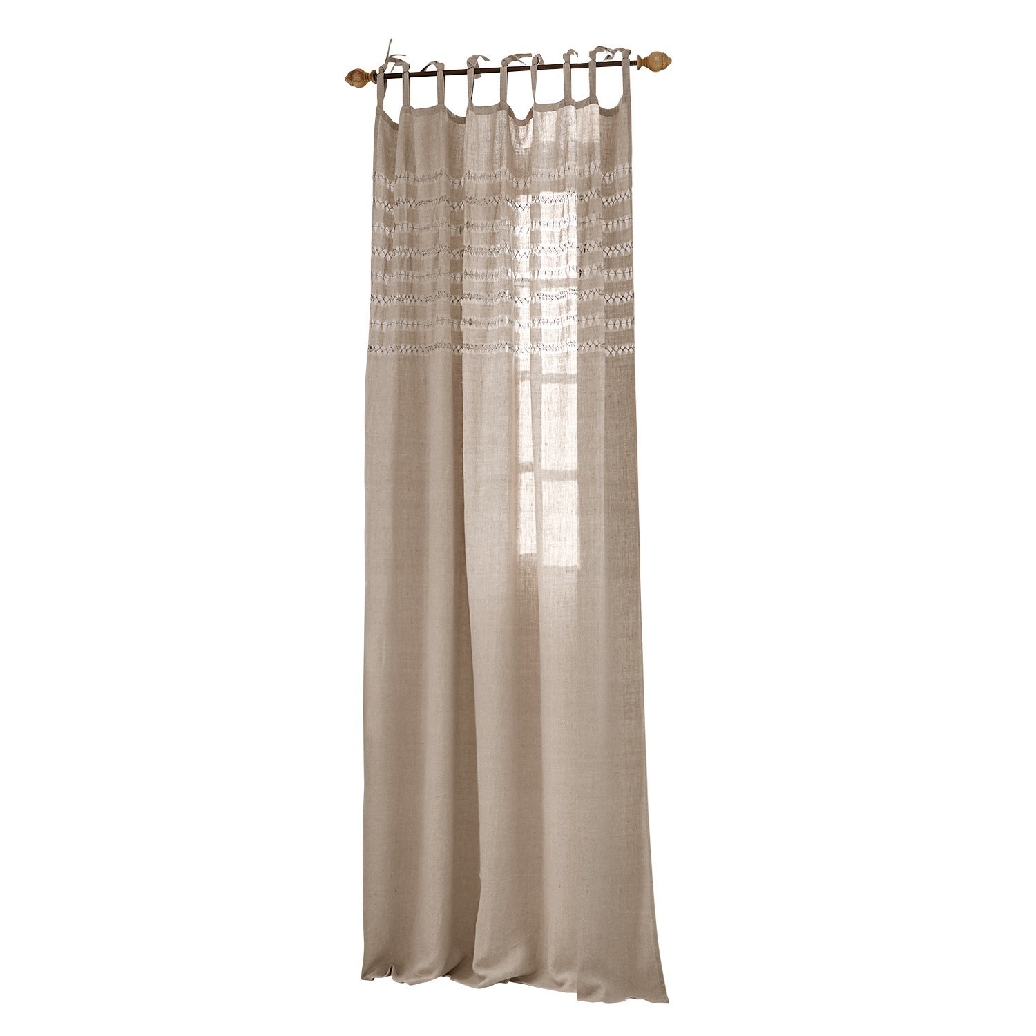 Beige Leinenvorhang mit dekorativer Stickerei und Schlaufen zum Aufhängen, Fensterdekoration