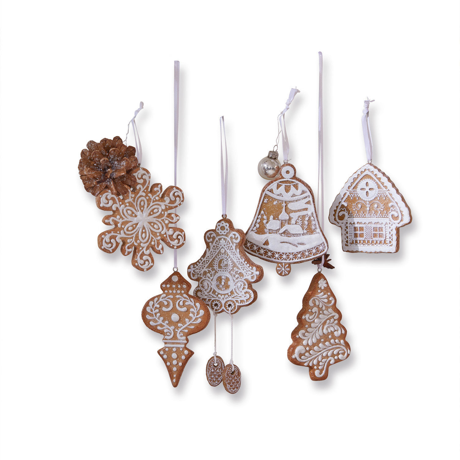 Anhänger 6er Set Anyama Set aus 6 Lebkuchen-Christbaumschmuck mit weißer Verzierung und Bändern zum Aufhängen