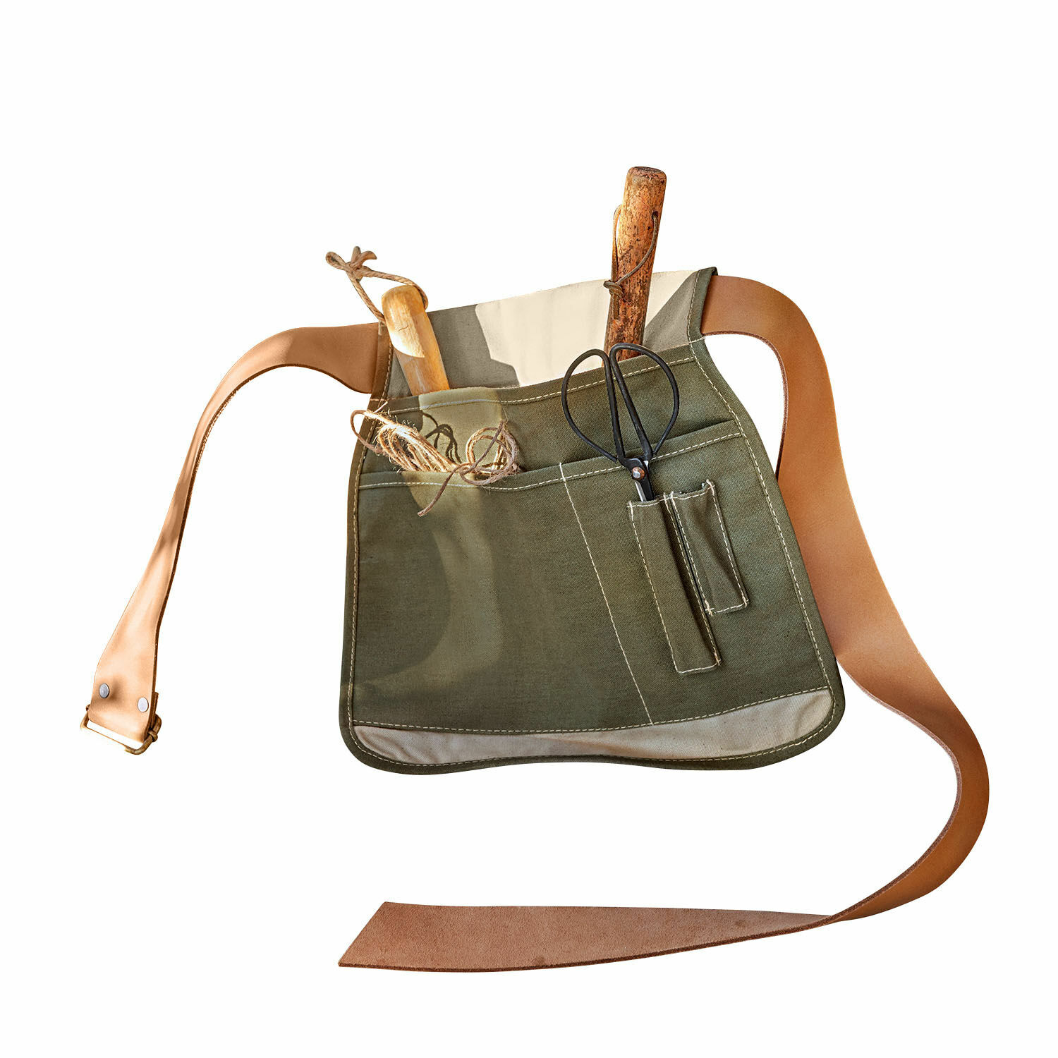 Grüner Baumwoll-Gartenschürze mit braunem Ledergürtel und Gartengeräten in den Taschen