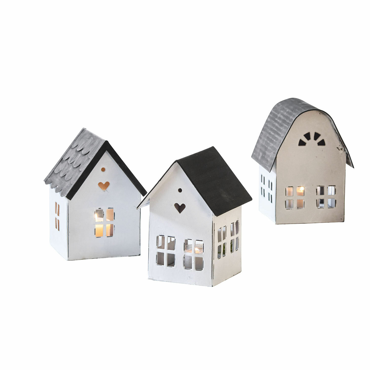 Laterne 3er Set Lambray Set aus drei weißen und grauen Metall-Laternen in Hausform zur Wohnraumdekoration