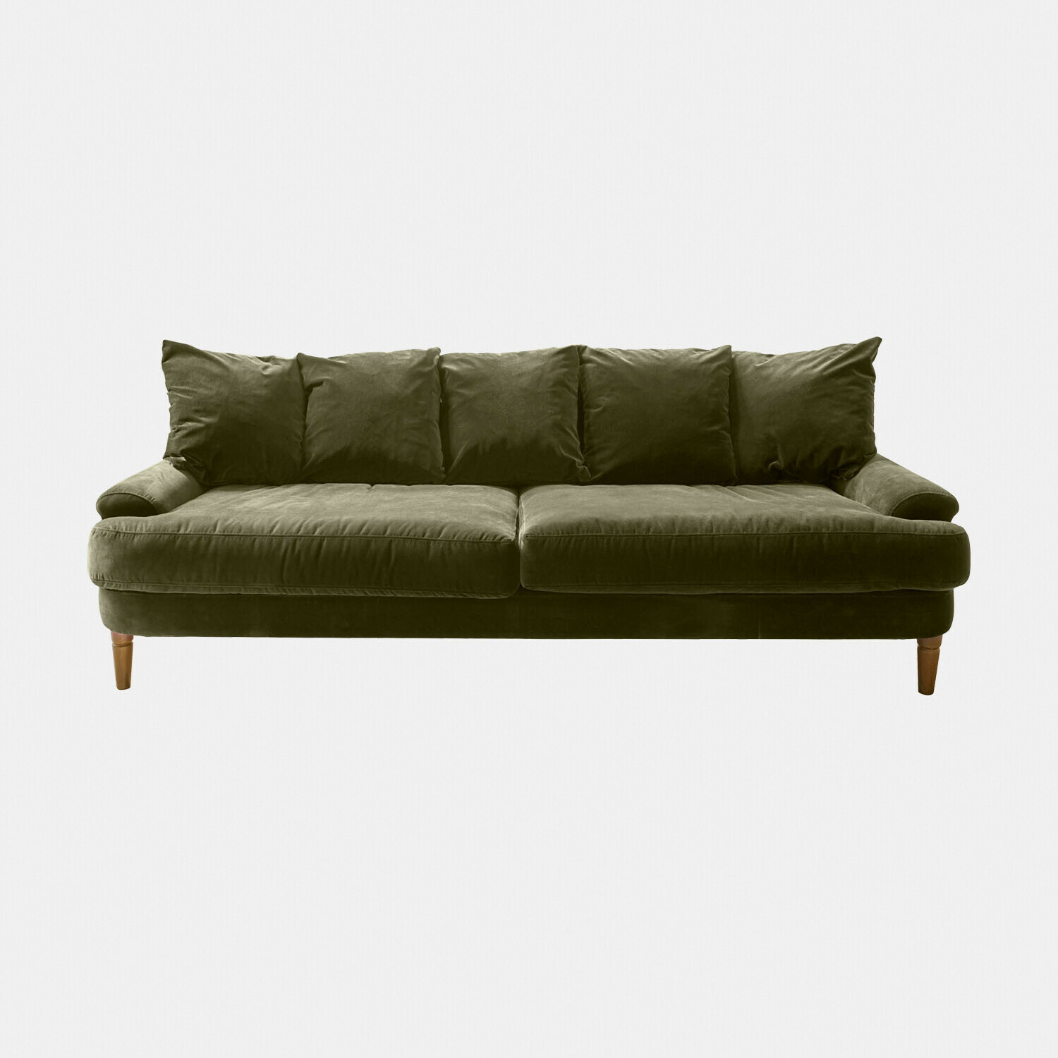 Grünes Rivermere Sofa aus weichem Stoff mit Kissen und Holzbeinen für gemütliches Wohnzimmer