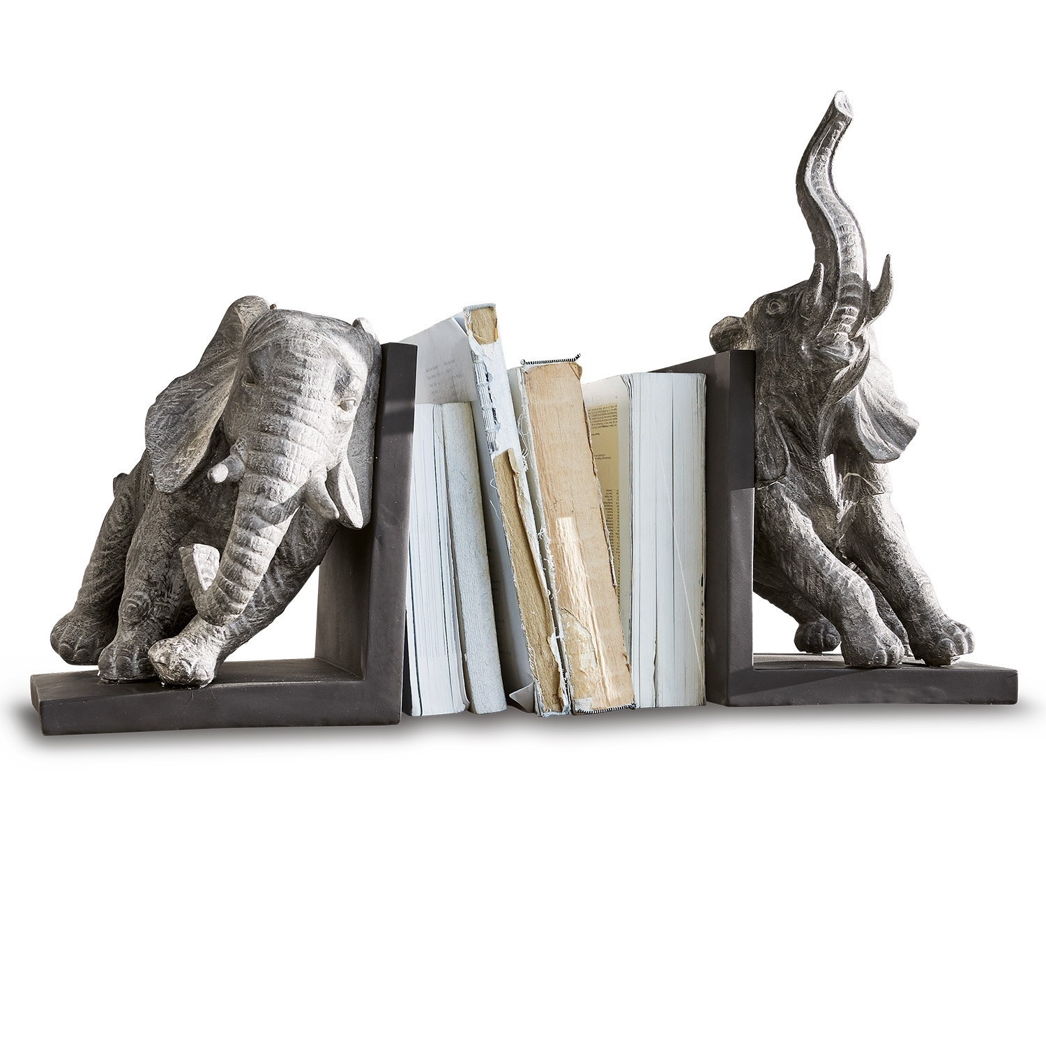 Graue Buchstützen aus Kunststoff mit Elefantenmotiv halten Bücher auf einem Regal