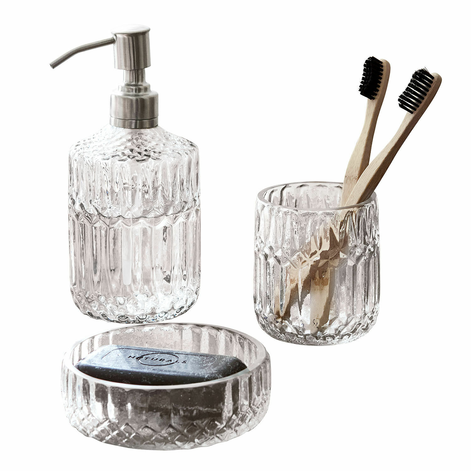 Bad-Set Denney Transparentes Glas-Badezimmer-Set mit Seifenspender, Becher und Seifenschale für Zahnbürsten