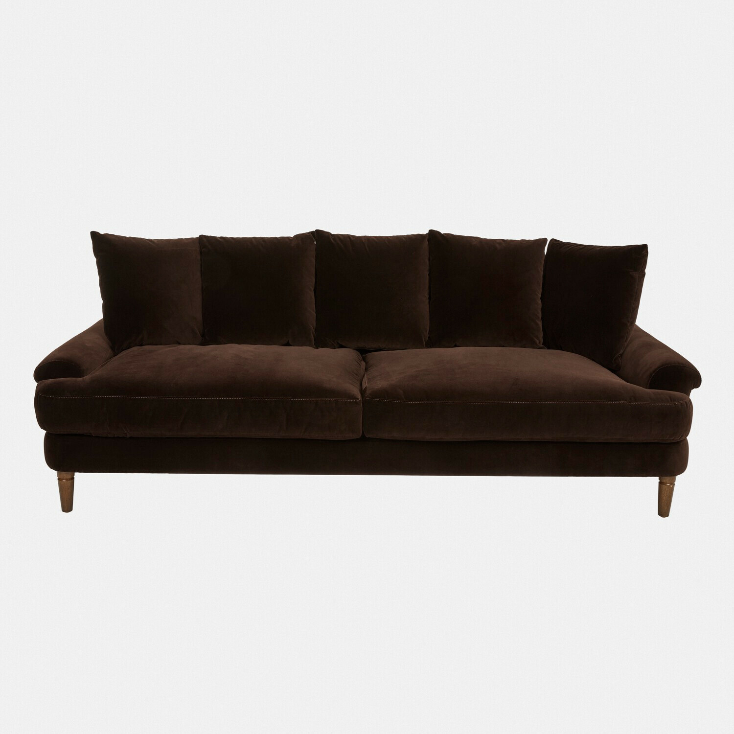 dunkelbraun Dunkelbraunes Rivermere Sofa aus weichem Samt mit Kissen und Holzbeinen, bequemes Wohnzimmermöbel