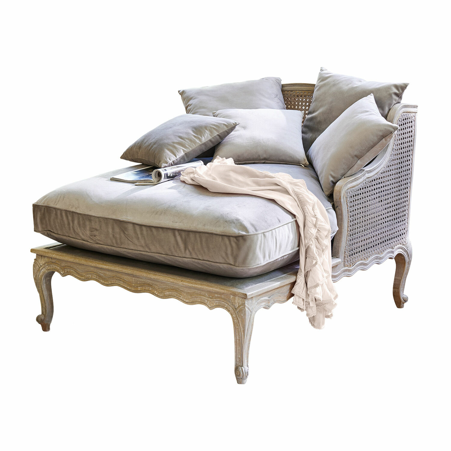 Chaiselongue Dronne Eleganter Sessel mit hellgrauem Samtbezug und geflochtener Holzrahmen, bequemer Wohnzimmersessel