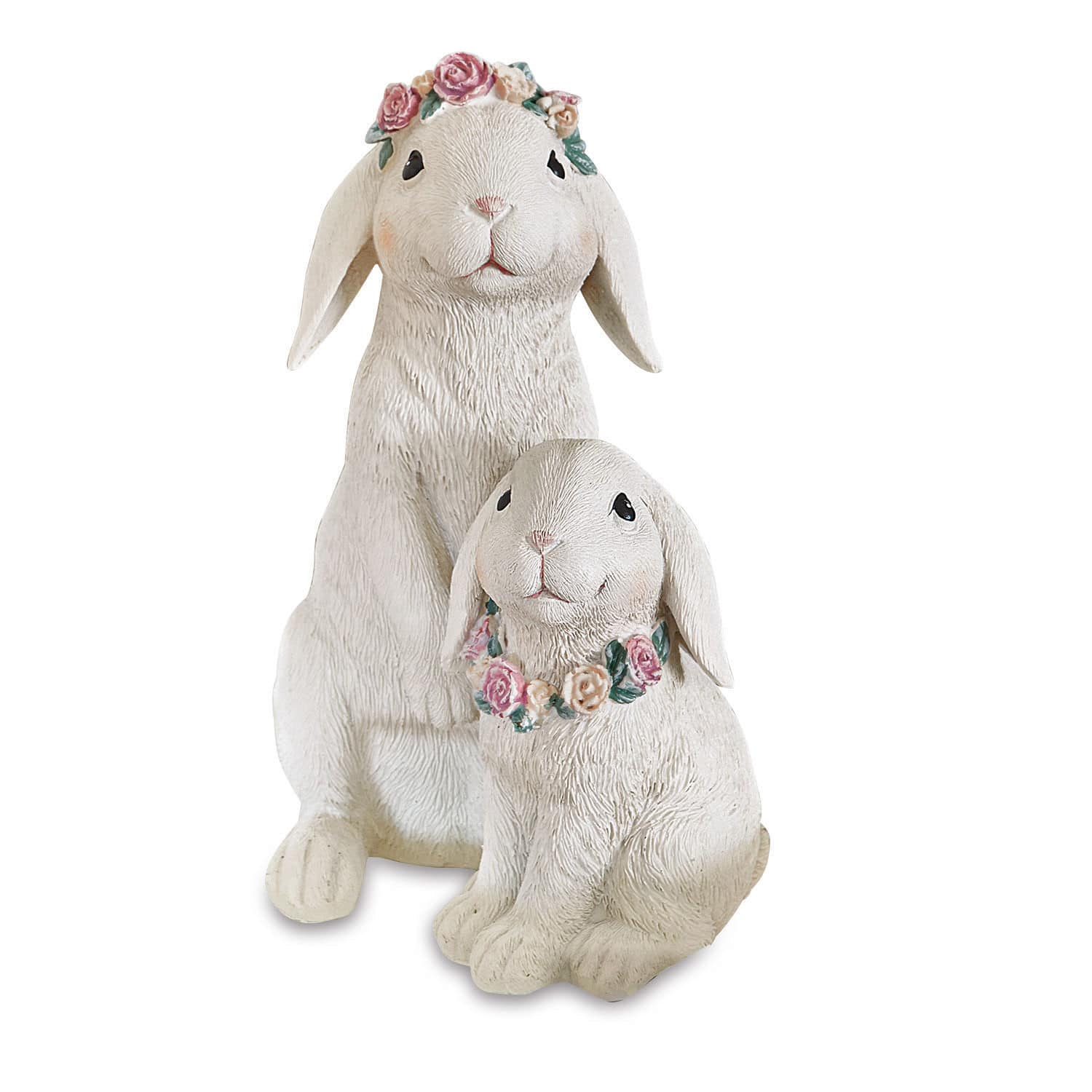 Hasen Sappos Zwei weiße Hasenfiguren aus Resin mit Rosenkränzen, dekorative Wohn- und Gartendeko