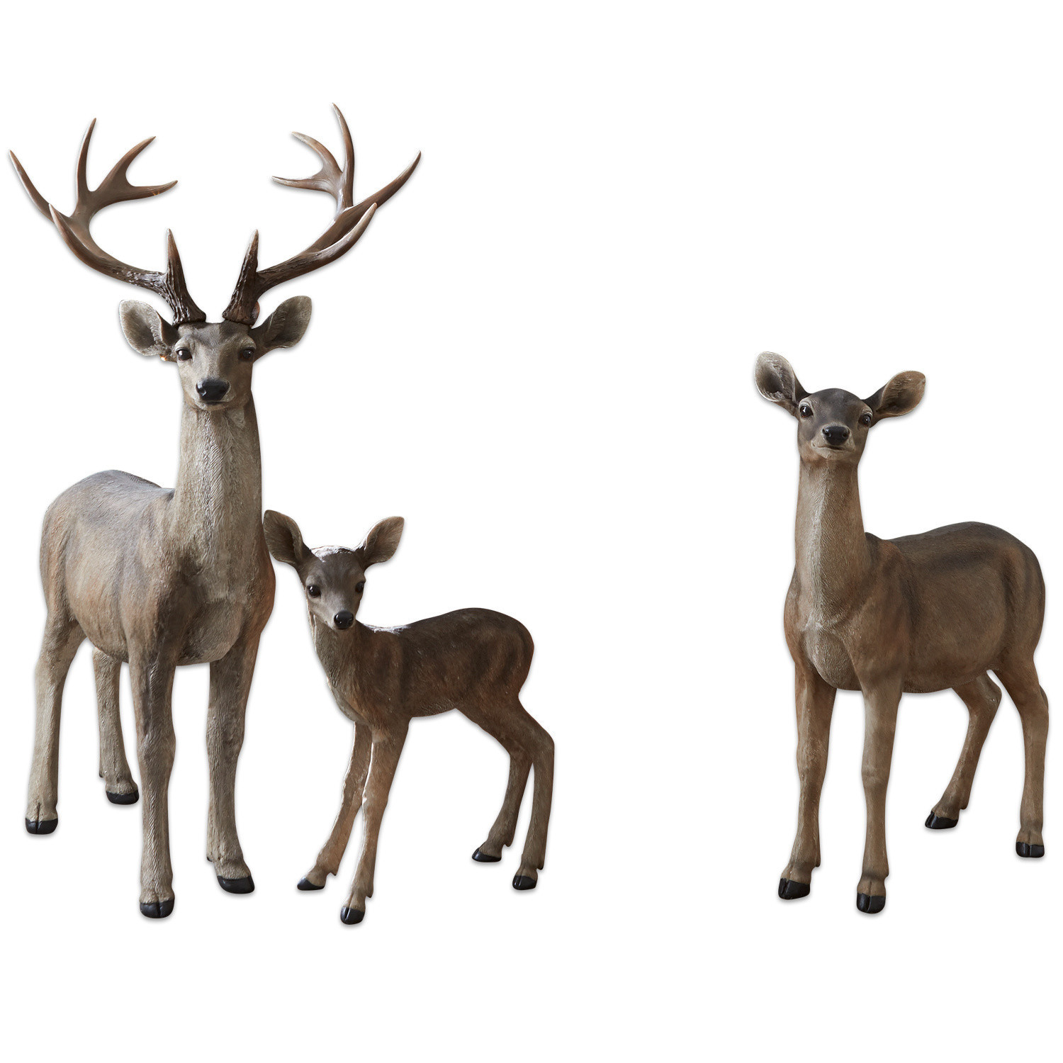 Hirsch mit Reh und Kitz Olsen Drei realistische braune Hirschfiguren als Dekoration für Innen- und Außenbereiche