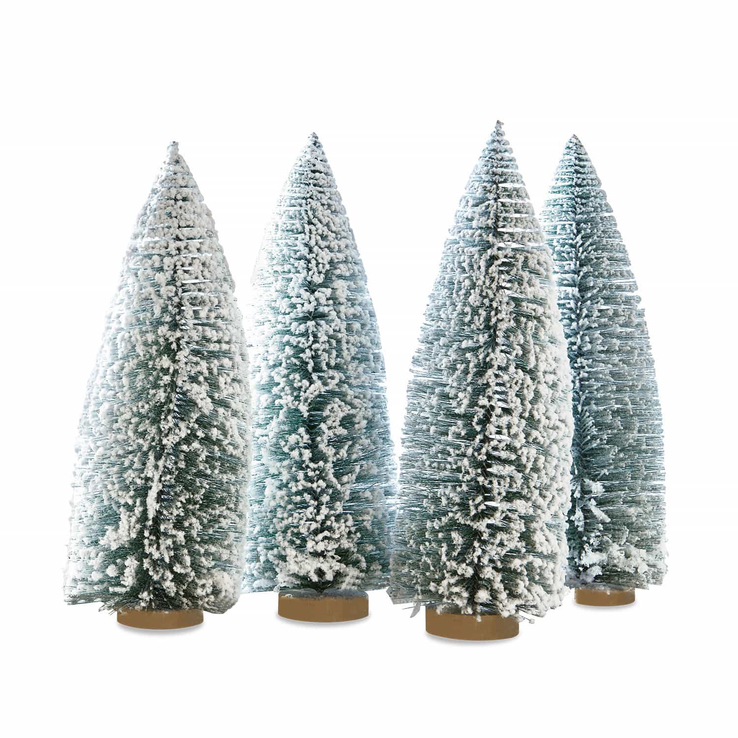 Deko-Baum 4er Set Landscape Vier konische Dekobaum-Modelle aus grünem Kunststoff mit weißem Schnee auf Holzsockel