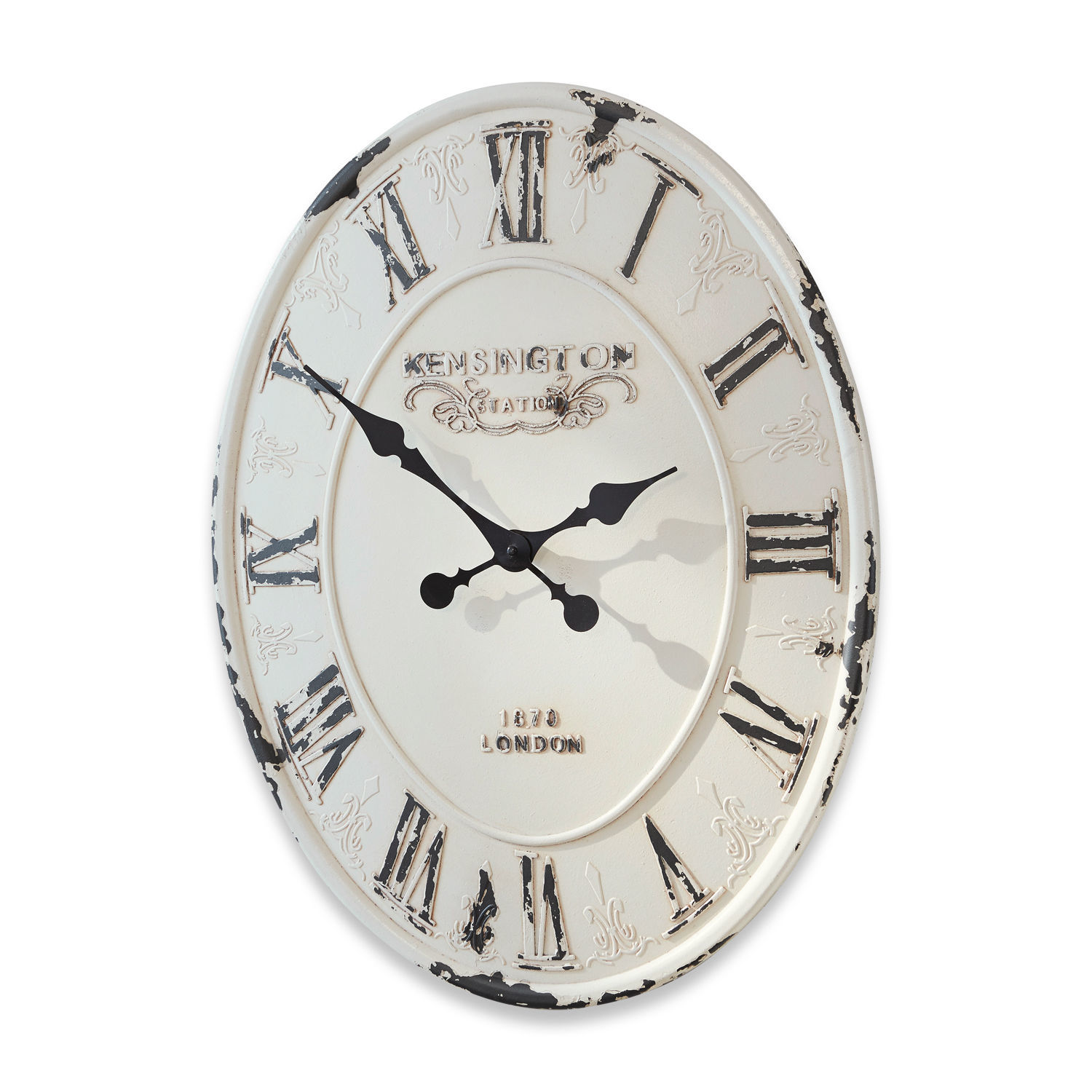 Uhr Soulières Runde Wanduhr aus Metall im Vintage-Stil, weiß mit schwarzen römischen Ziffern und antikem Look
