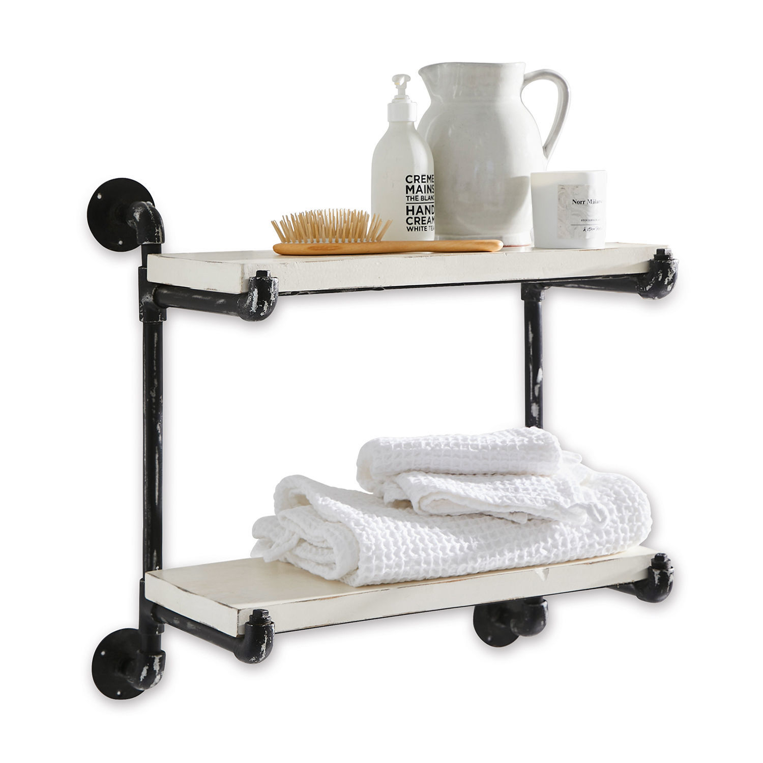 Industrielle Wandregal mit schwarzen Metallrohren und weißen Holzplatten, Handtücher und Badaccessoires