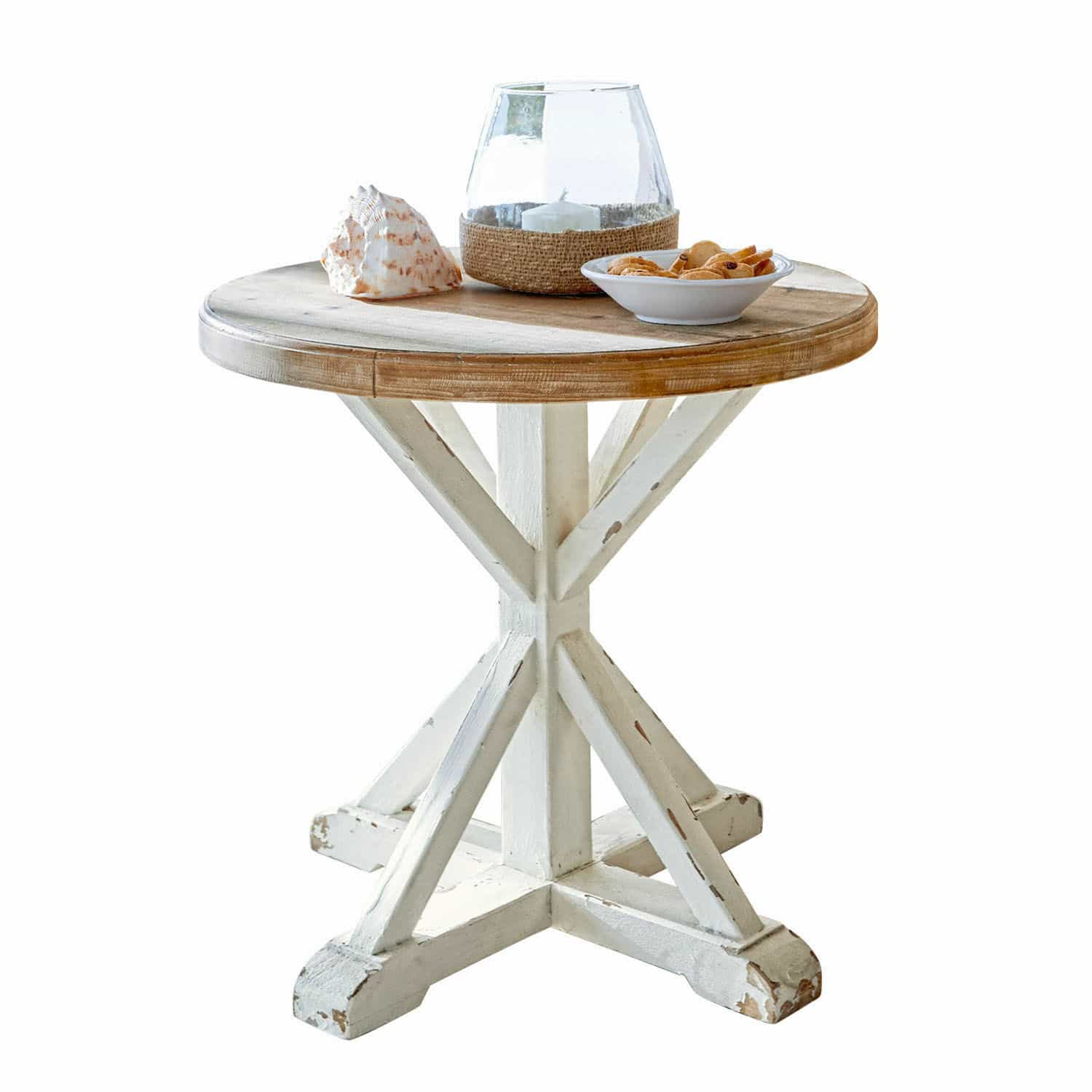 Beistelltisch Frapelle Runder Beistelltisch aus Mangoholz mit weißem Shabby-Chic-Gestell, dekoriert mit Muschel und Kerzenhalter
