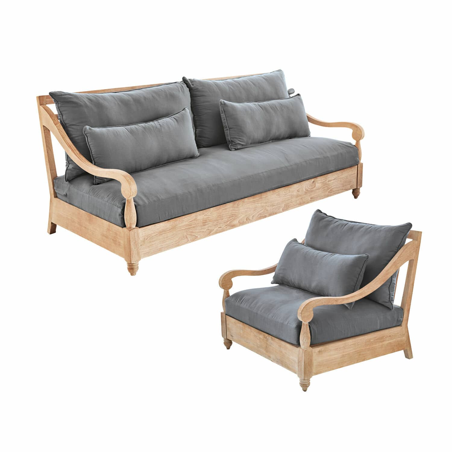 Sitzgruppe Montcassin Sitzgarnitur aus hellem Holz mit grauen Polsterkissen, Sofa und Sessel im klassischen Stil
