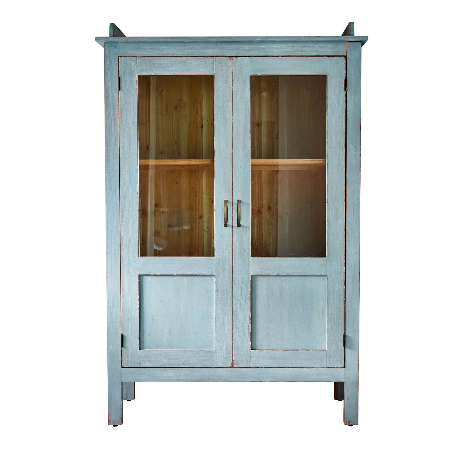 antikblau Antikblaue Holzvitrine mit Glastüren und Innenregal zur Aufbewahrung