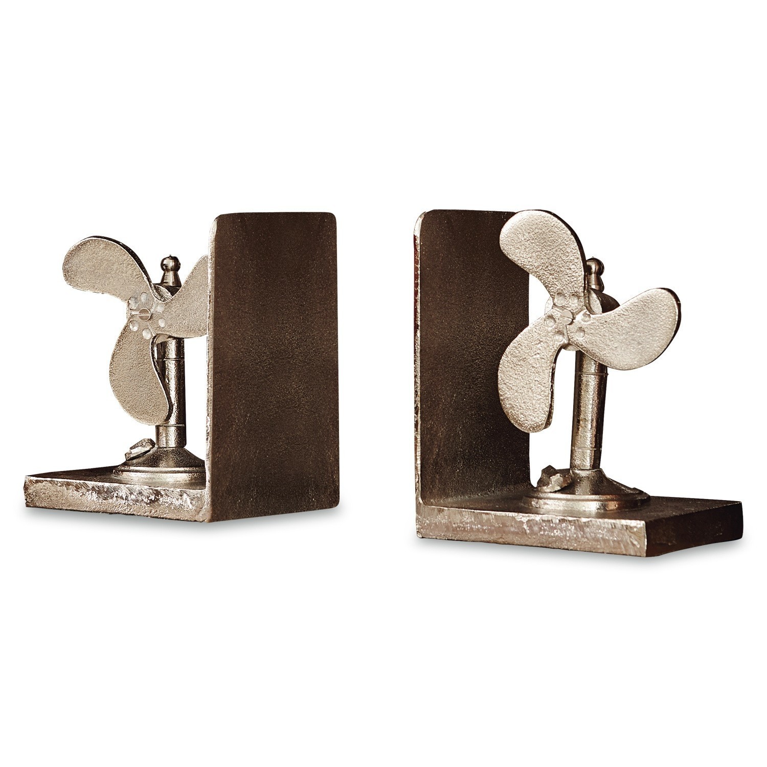 Metall Buchstützen mit silbernem Ventilator und braunem Sockel, dekoratives Wohnaccessoire