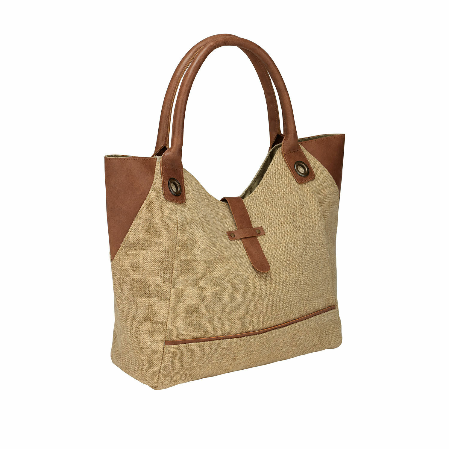 Tasche Valeska Beige Tasche aus Stoff mit braunen Kunstlederdetails und Griffen, modisches Alltagsaccessoire