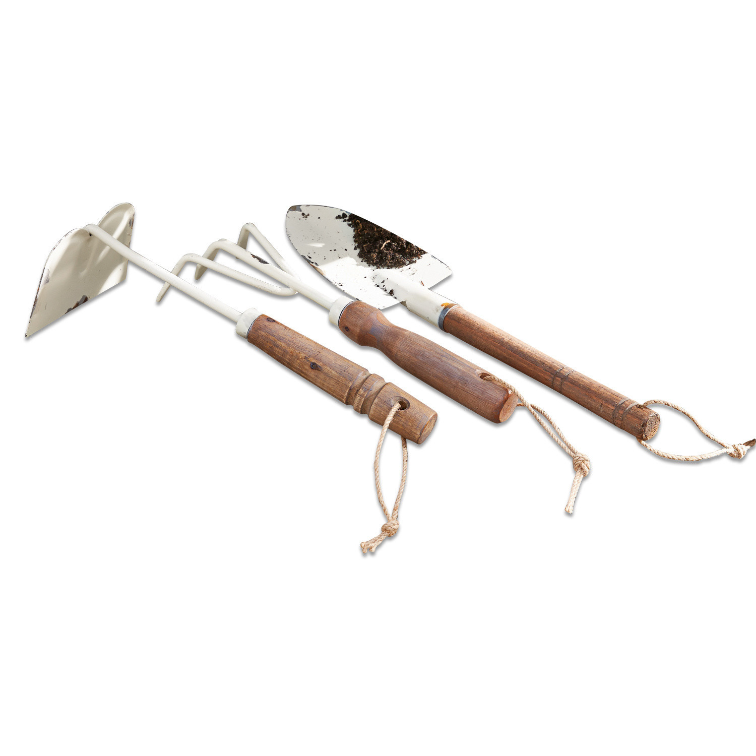 Gartengeräte-Set mit Holzgriffen und weißen Metallspitzen zum Arbeiten im Boden