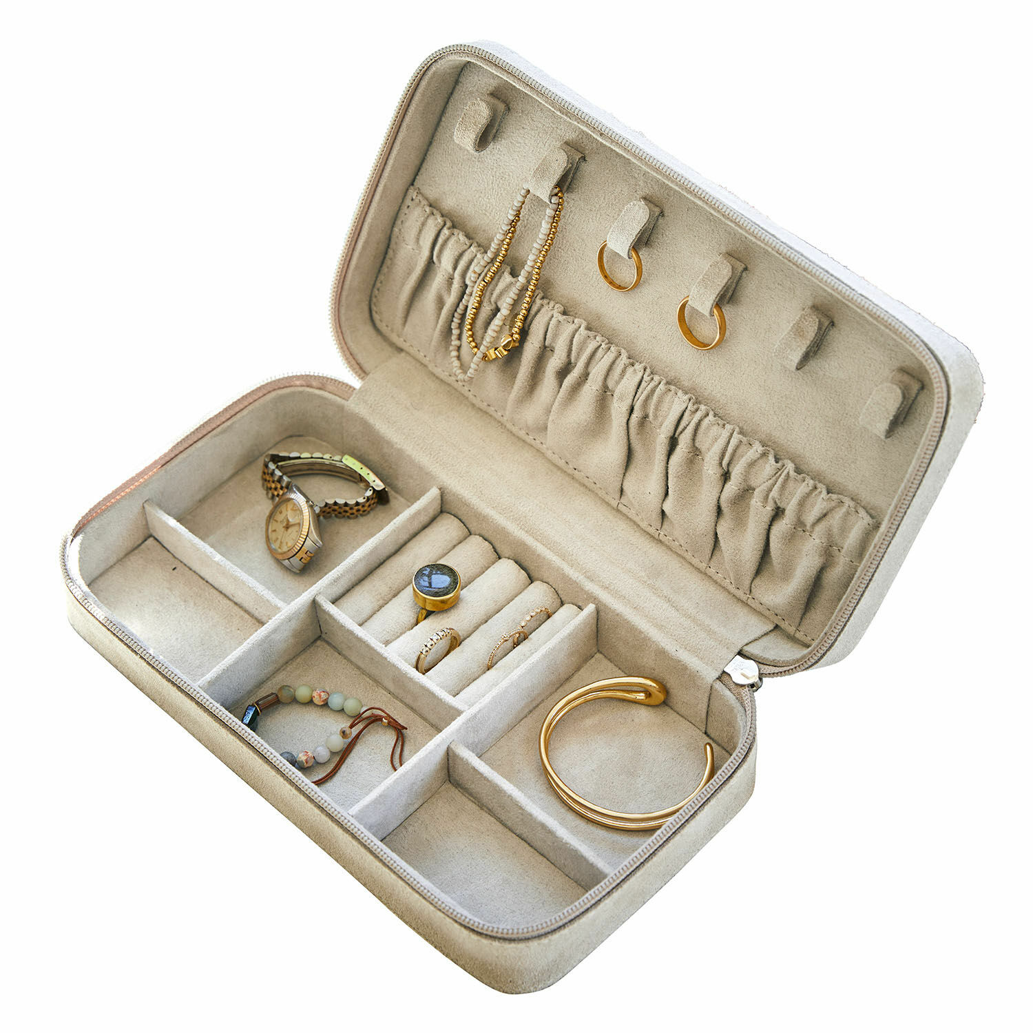 Schmuckkästchen Angelique Beige Schmucketui aus Wildleder mit Fächern und goldfarbenen Accessoires zur Aufbewahrung von Ringen und Armbändern