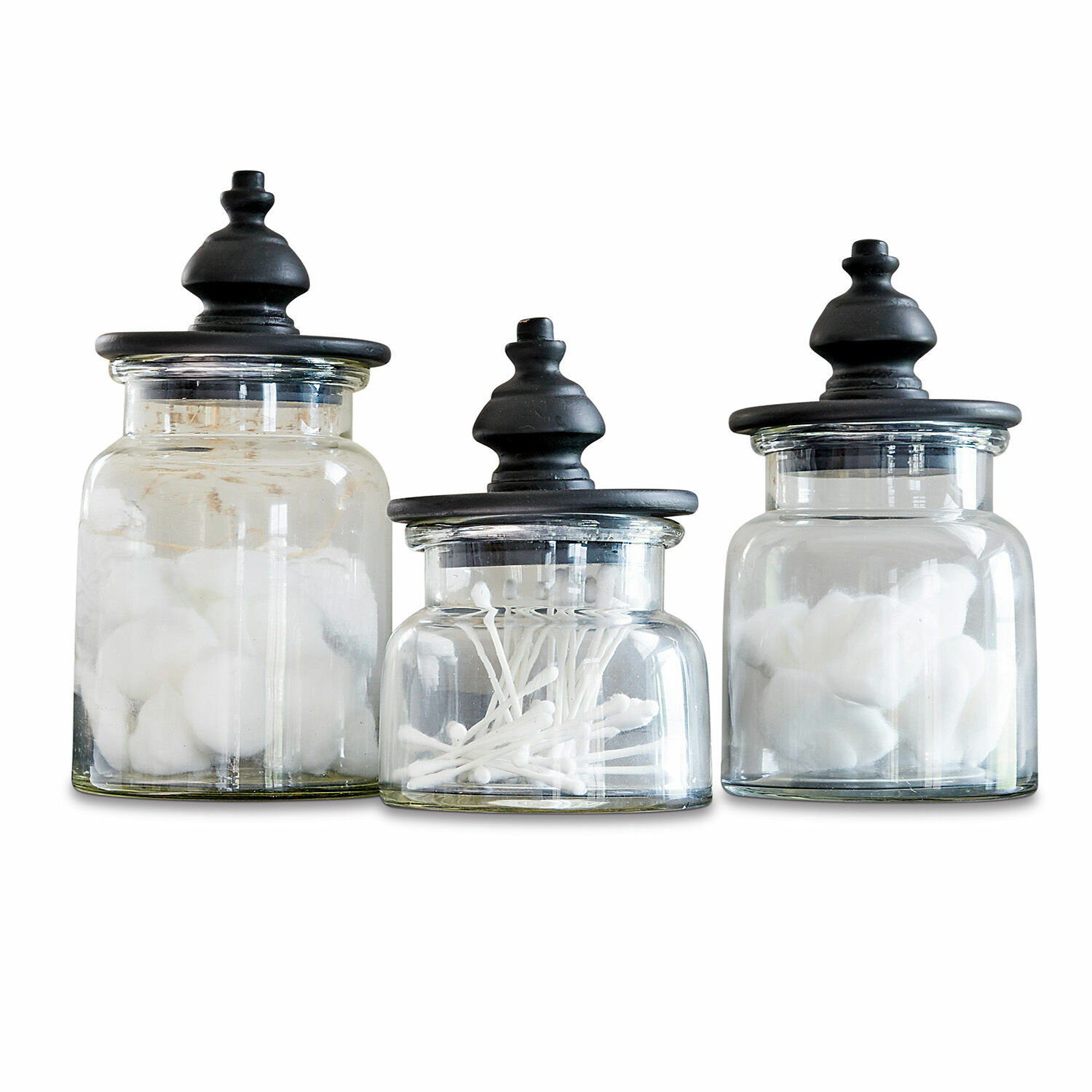 Dose 3er Set Hakeen Drei Glasbehälter mit schwarzen Deckeln zur Aufbewahrung von Wattebällchen und Wattestäbchen