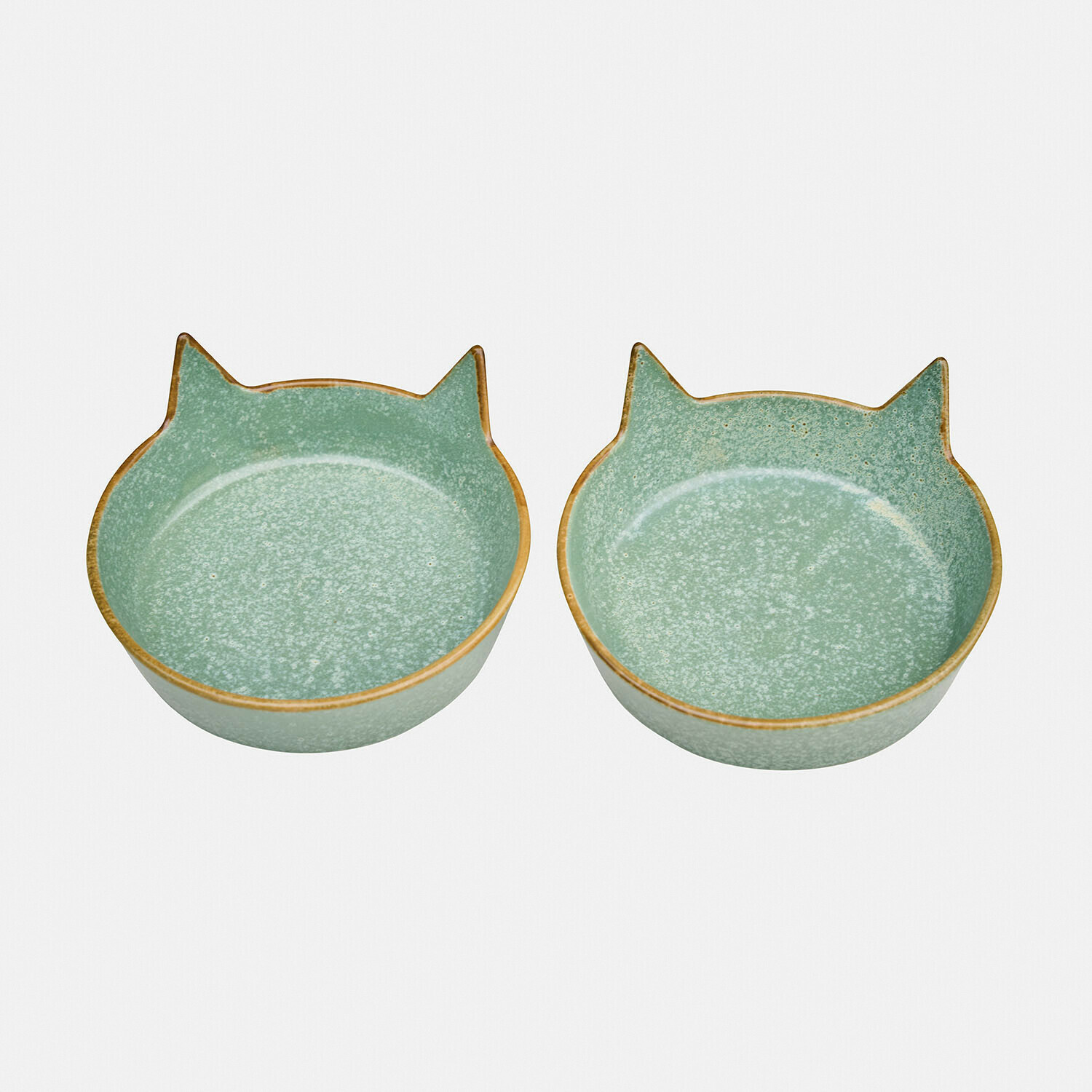 Futternapf 2er Set Biarré Set aus zwei grünen Keramikschalen in Katzenform mit braunem Rand, dekorative Schalen für Zuhause