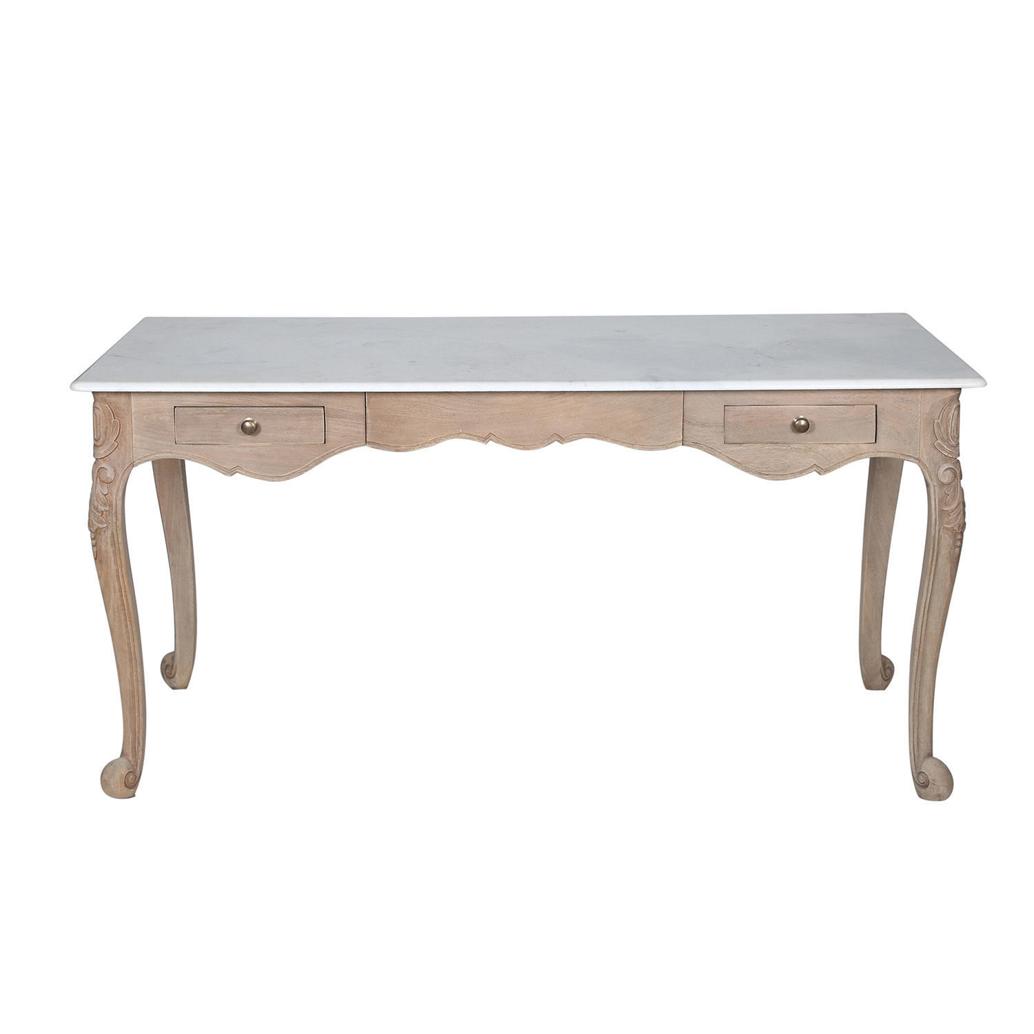 Klassischer Schreibtisch aus hellem Holz mit Marmorplatte und geschnitzten Beinen fürs Wohnzimmer