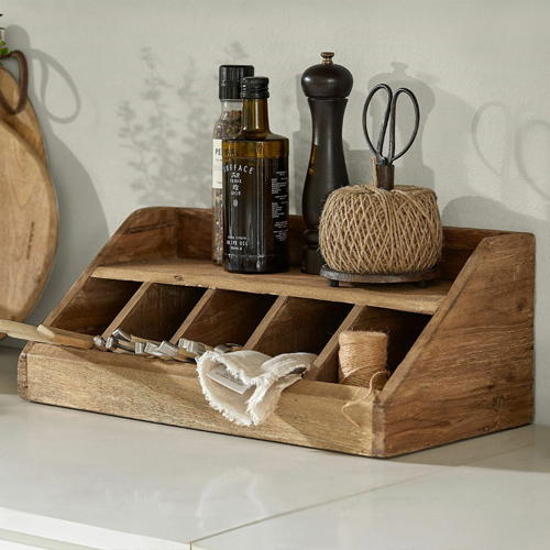 Holz-Organizer mit Fächern und Gewürzflaschen, naturfarben, praktisches Küchenzubehör