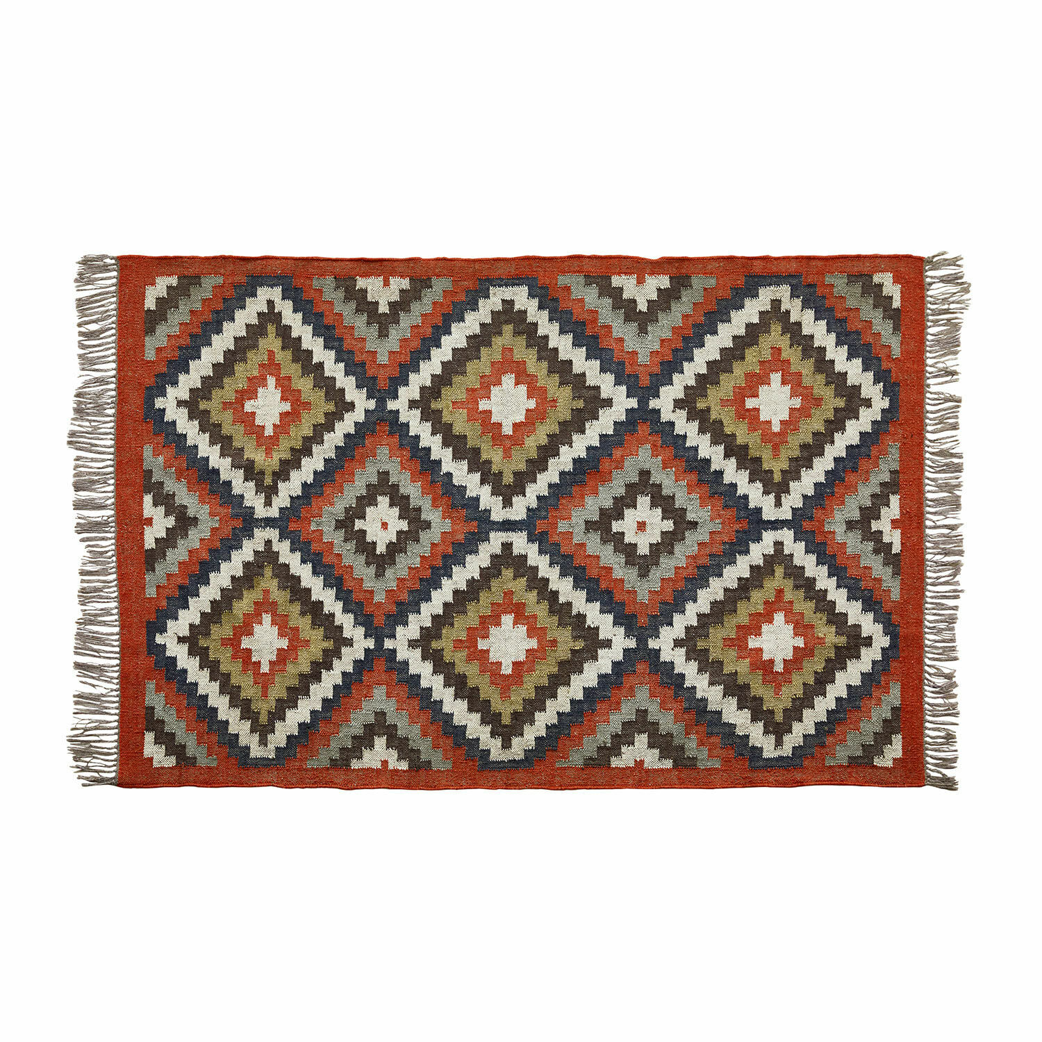 Teppich Dailies Teppich mit geometrischem Muster in Rot, Grün und Beige mit Fransen an den Seiten