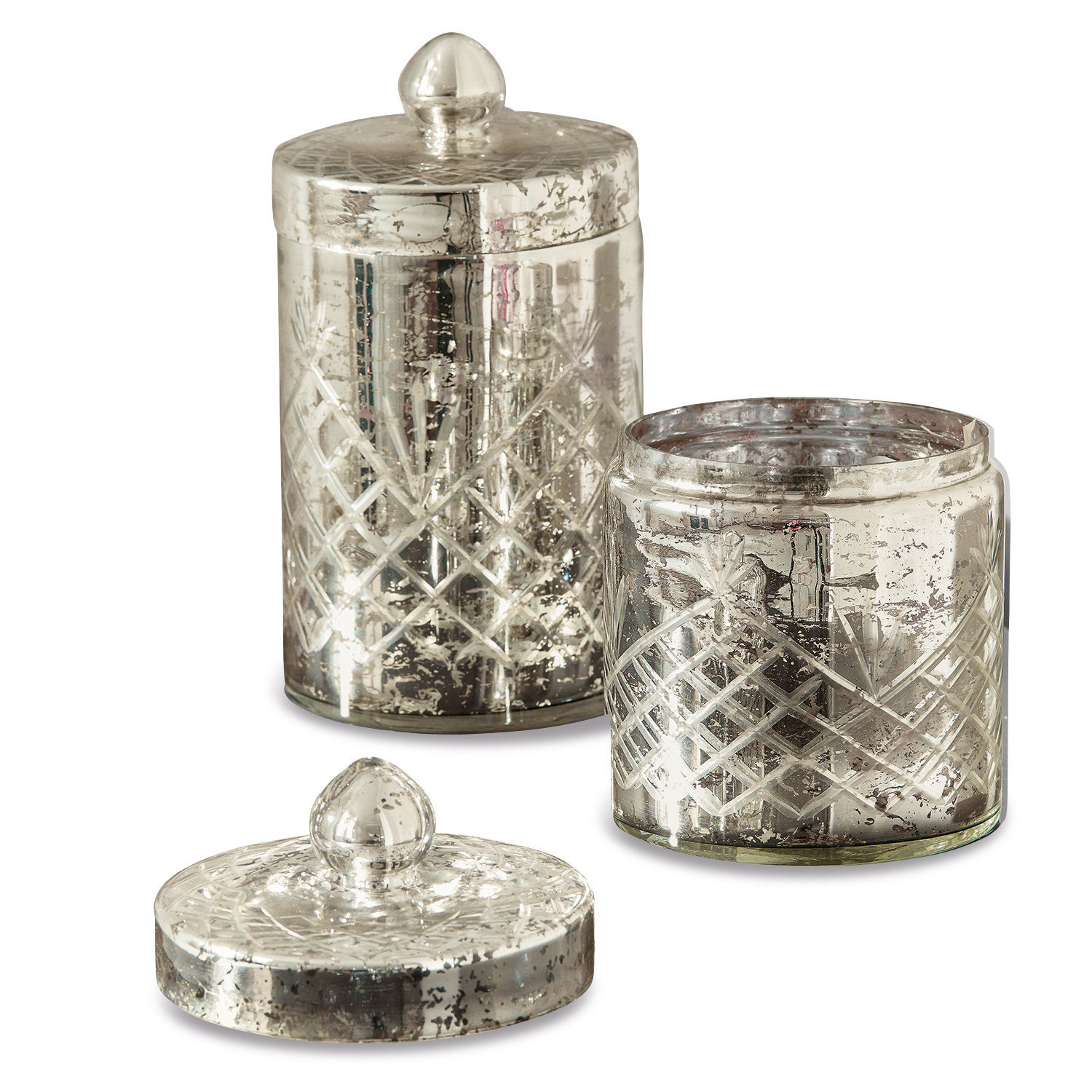Dekorative Glasbehälter in silberner Farbe mit Rautenmuster, elegantes Wohnaccessoire