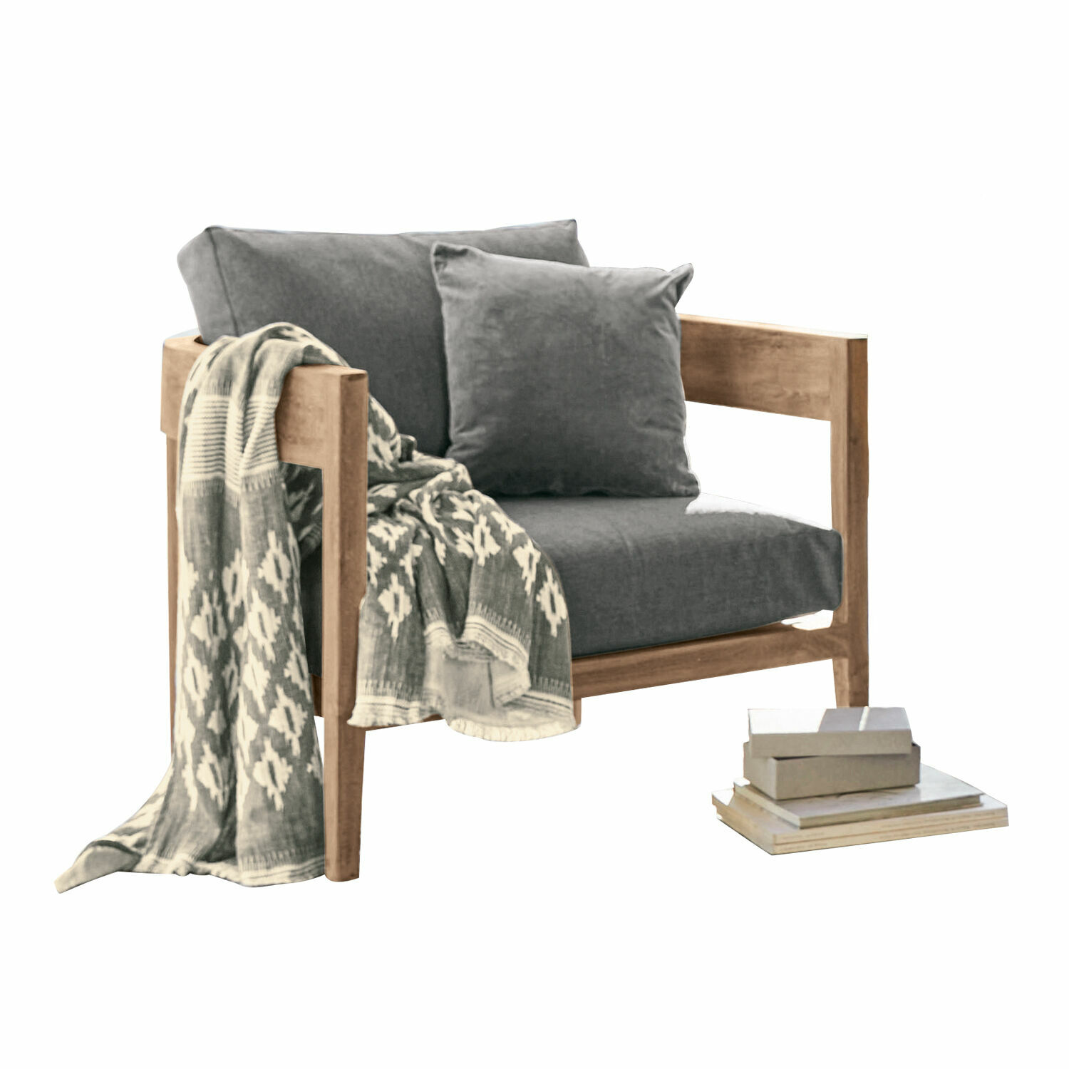 Sessel Courtelevant Sessel mit Holzrahmen und grauem Stoffbezug, dekorative Decke und Kissen inklusive