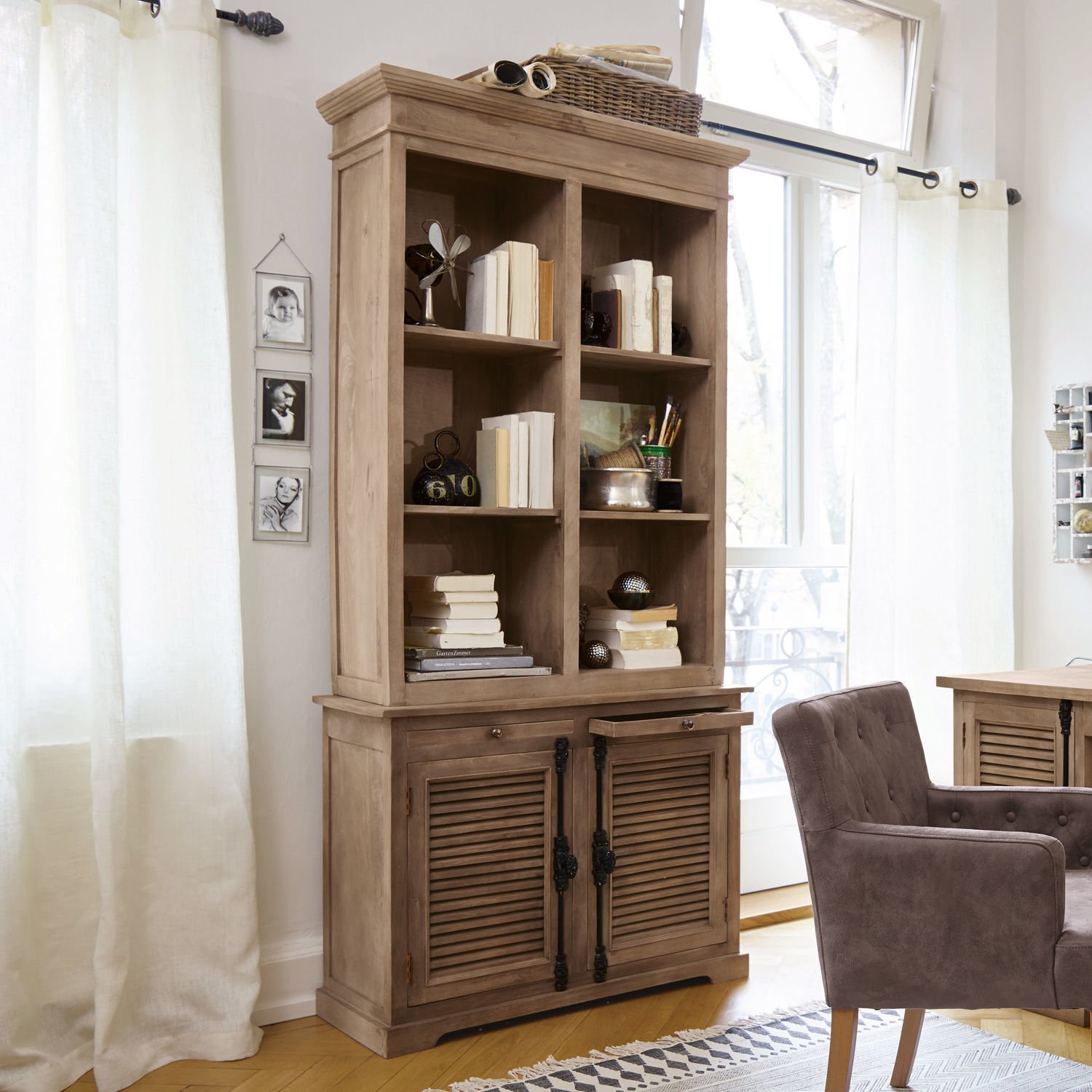 Schrank Woodlawn Holzschrank in natürlicher Farbe mit Regalen und Schubladen für Wohnzimmer oder Büro