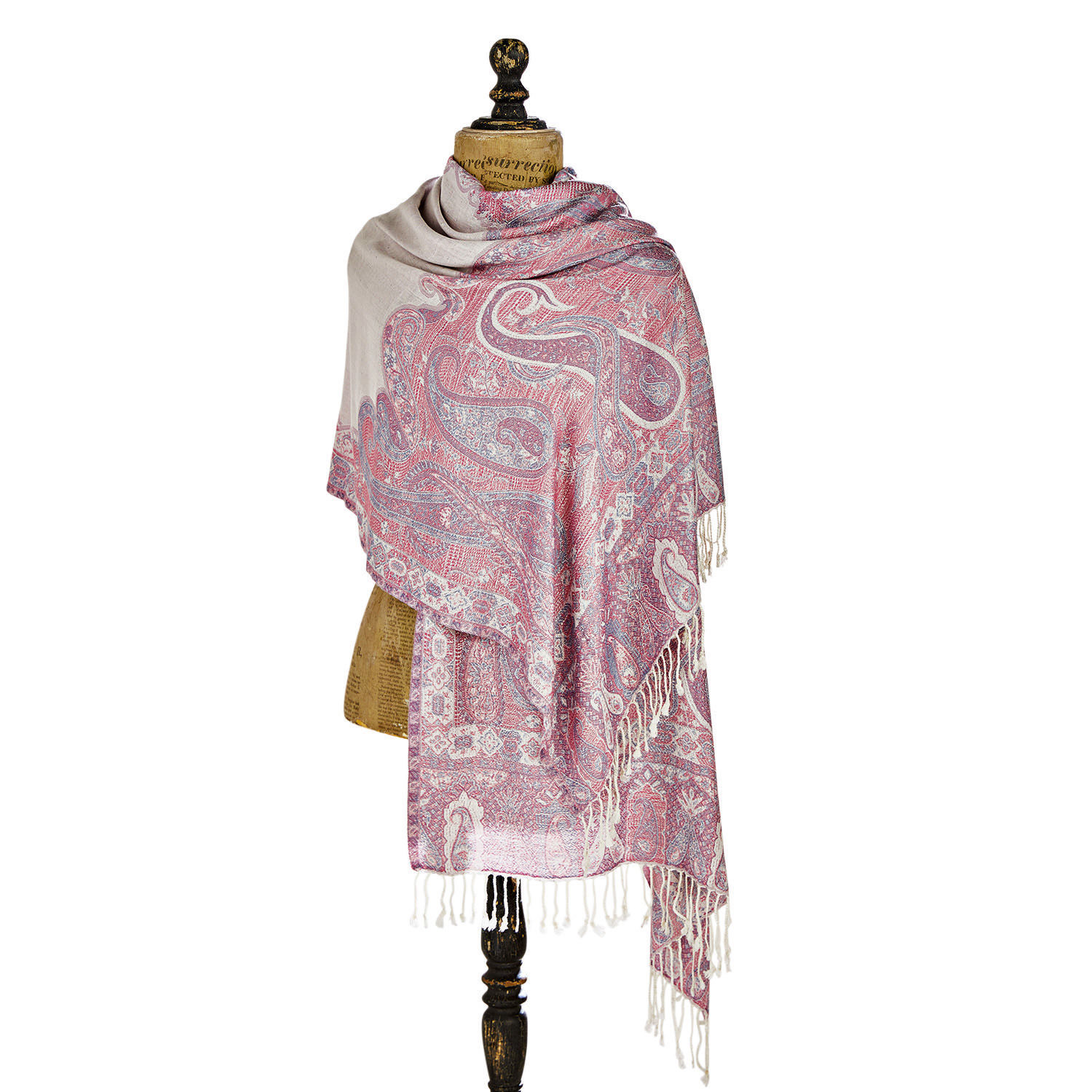 Weicher Schal mit Paisley-Muster in Rosa und Beige mit Fransen, feines Material