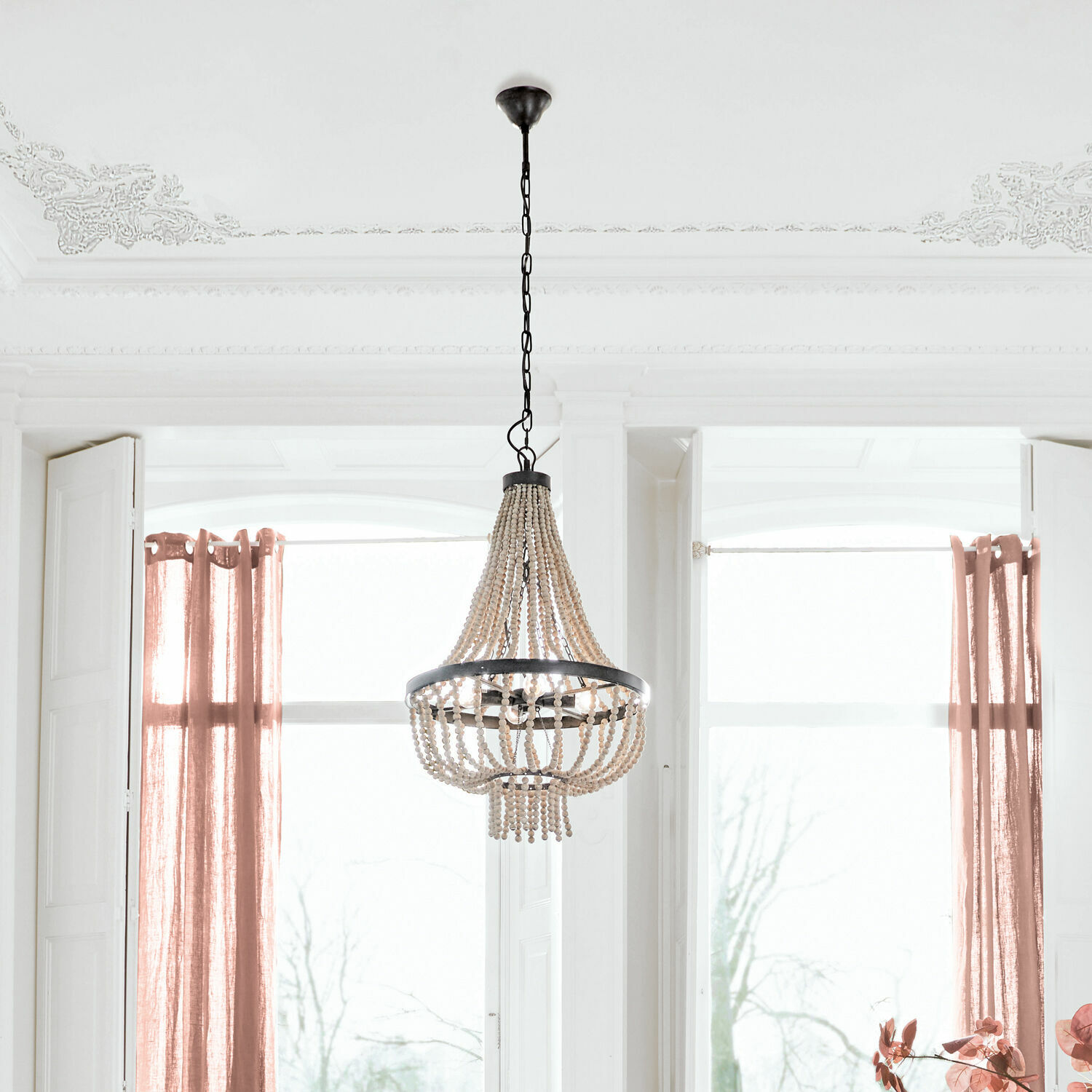 Hängender Vintage-Kronleuchter aus Holzperlen und Metall für Wohnzimmer und Esszimmer