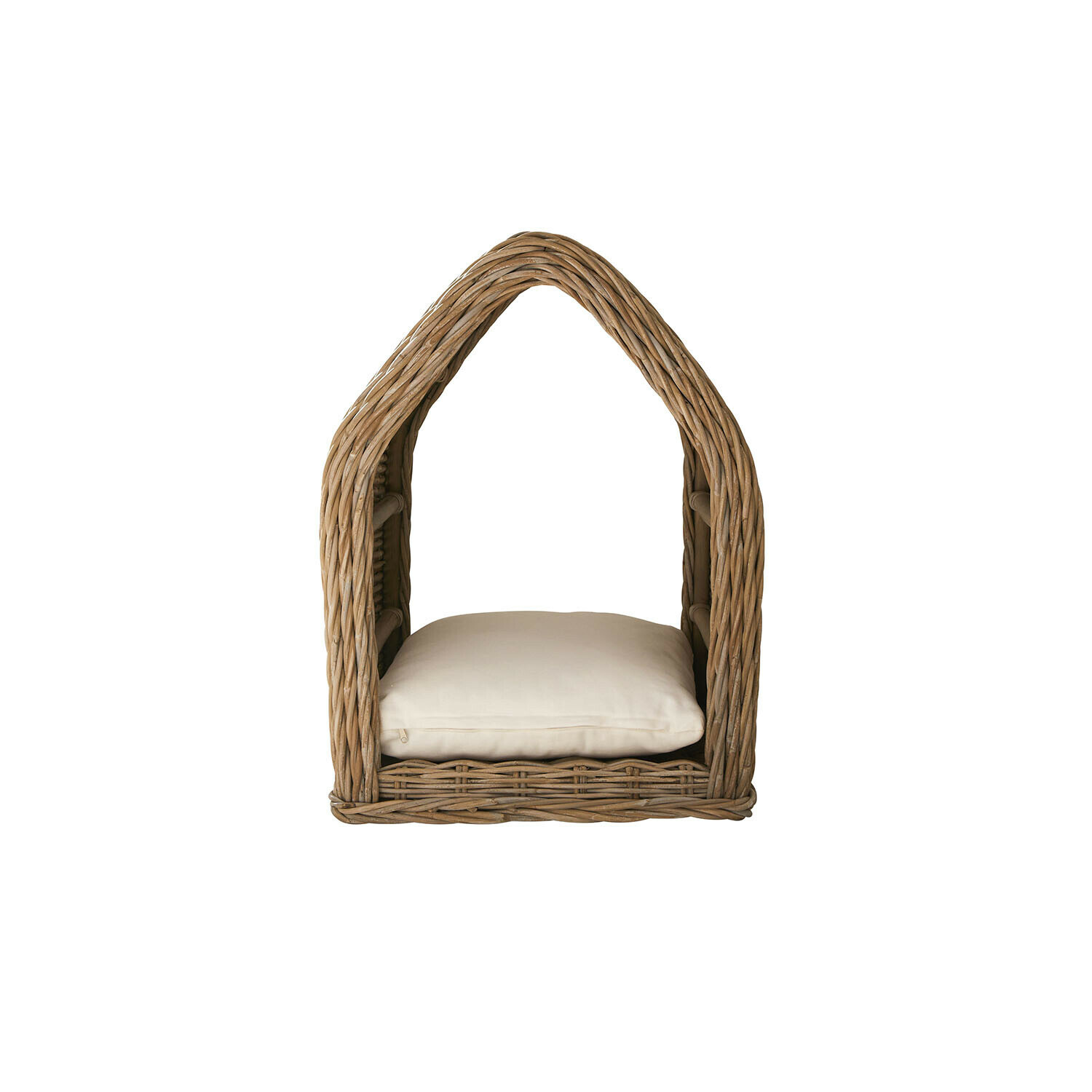 Hundehütte Muffan Rattankorb in Hausform mit cremefarbenem Kissen für Aufbewahrung und Wohnaccessoire