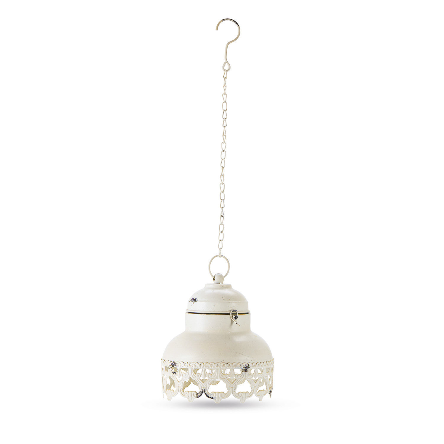 LED-Laterne Cornell Hängende Metalllaterne in Creme mit dekorativem filigranem Muster und Kette