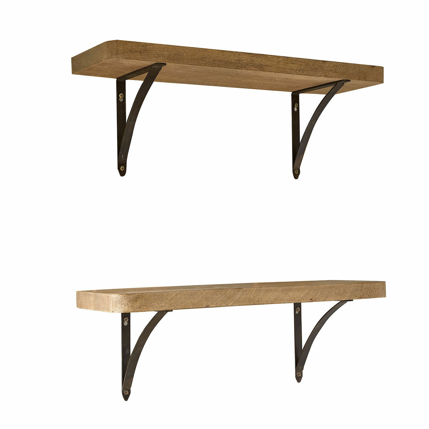 Set aus zwei Holzregalen mit schwarzen Metallhalterungen für Wandaufbewahrung und Dekoration