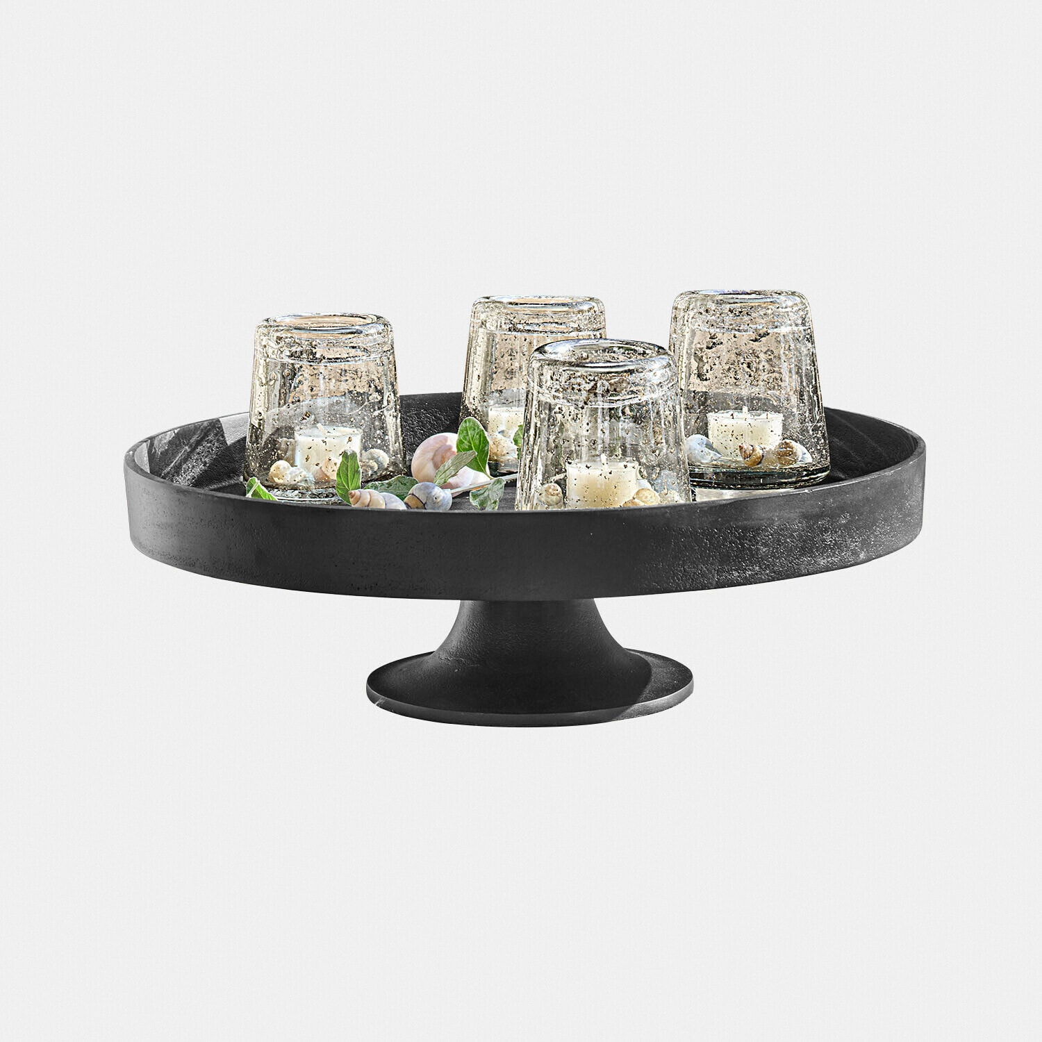 Etagere Varelle Schwarze Metall-Etagere mit vier Glasteelichthaltern und Muschel-Dekoration