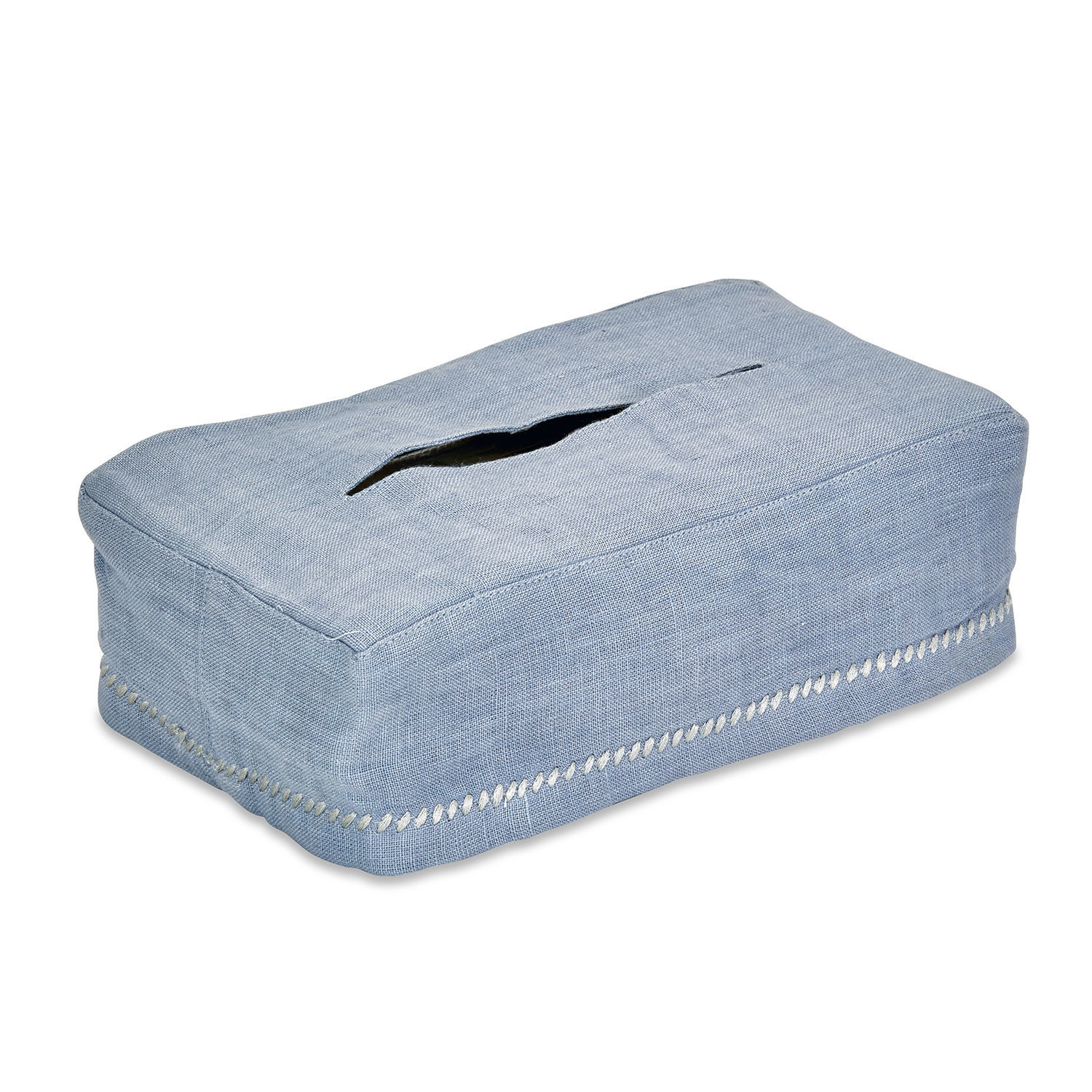 Blaue Leinenhusse für Taschentuchbox mit weißer Ziernaht, dekoratives Wohnaccessoire