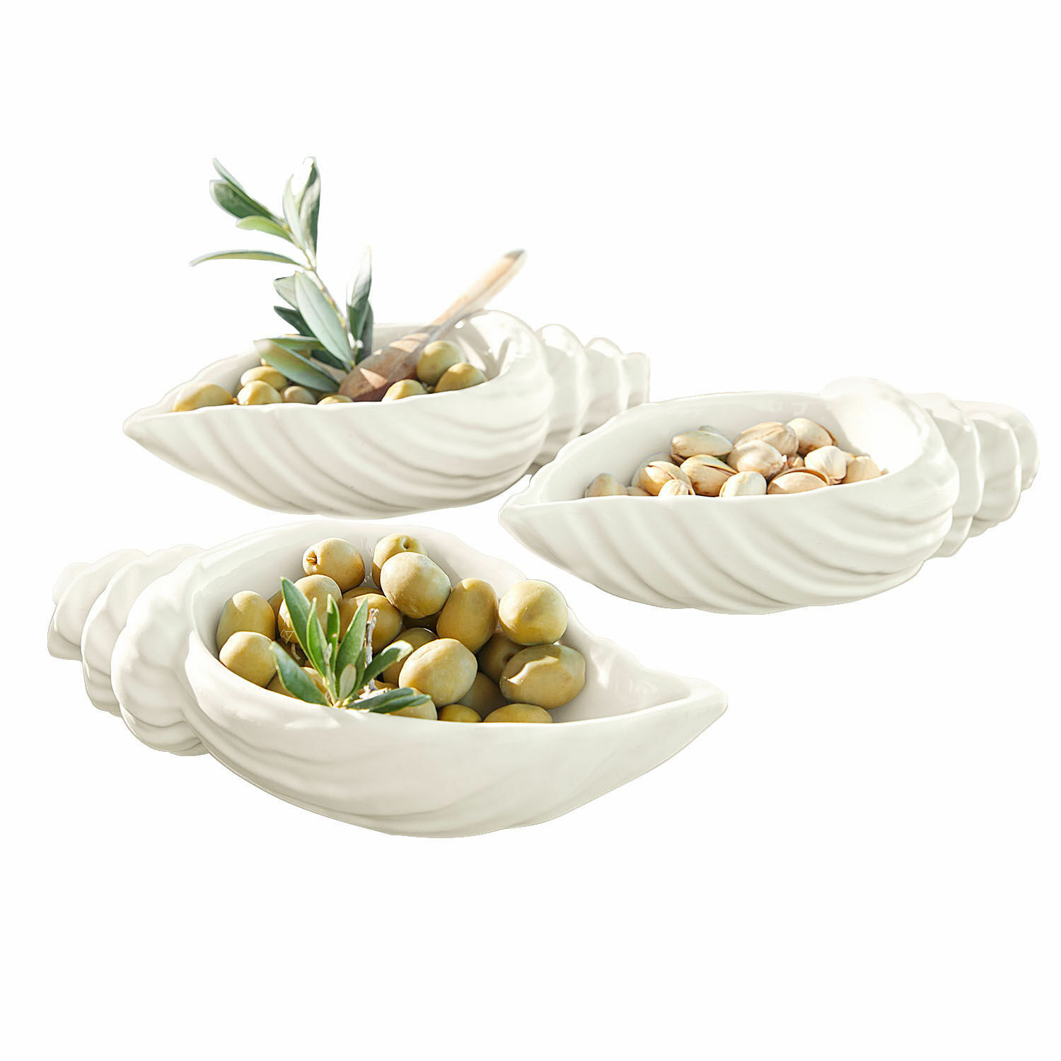 Schale 3er Set Portavin Weiße Keramikschalen in Muschelform mit Oliven und Nüssen, elegante Tischdekoration