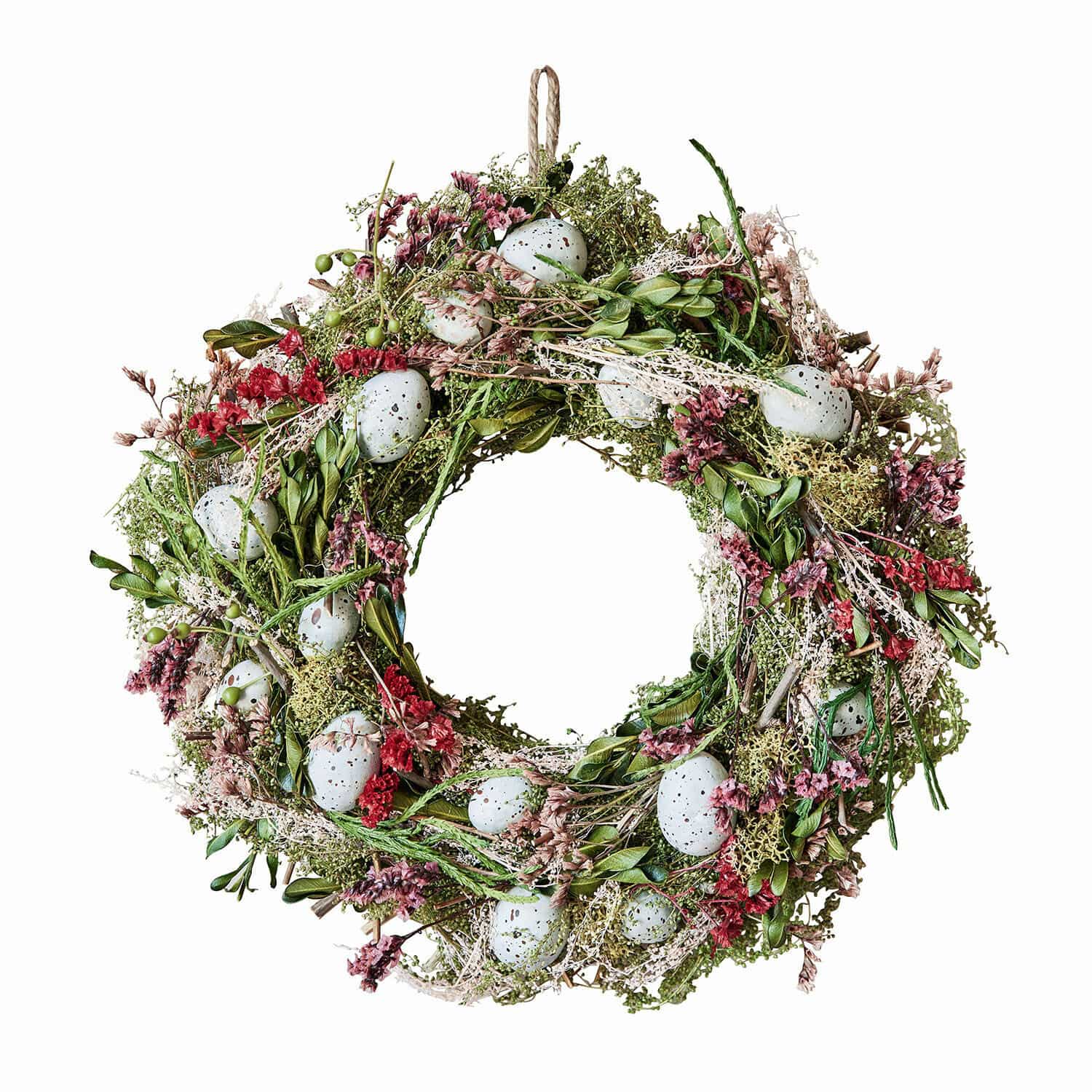 Kranz Kolton Dekorativer Kranz aus grünen Blättern, roten Blumen und weißen Eiern für Frühlingsdeko