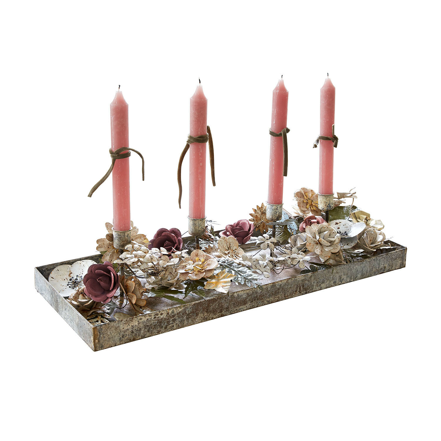 Kerzentablett Duvérine Metall-Kerzenhalter mit vier rosa Kerzen und Vintage-Blumendekoration als Wohnaccessoire