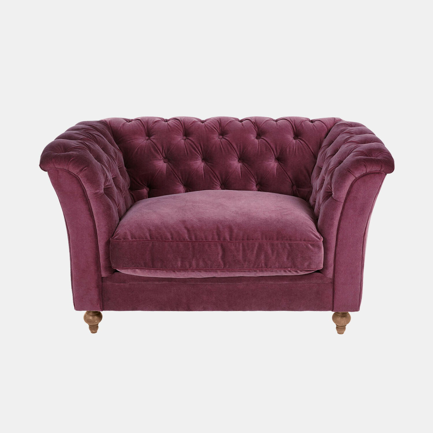 Lila Samtsofa mit gesteppter Rückenlehne und Holzbeinen, bequemes Wohnzimmermöbel